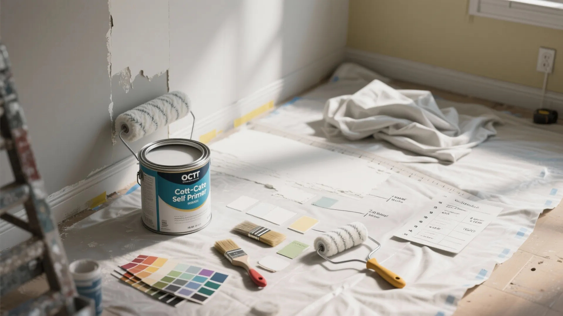 Top-down view of primer, tools, and swatches illustrating priming to reduce the number of finish coats.