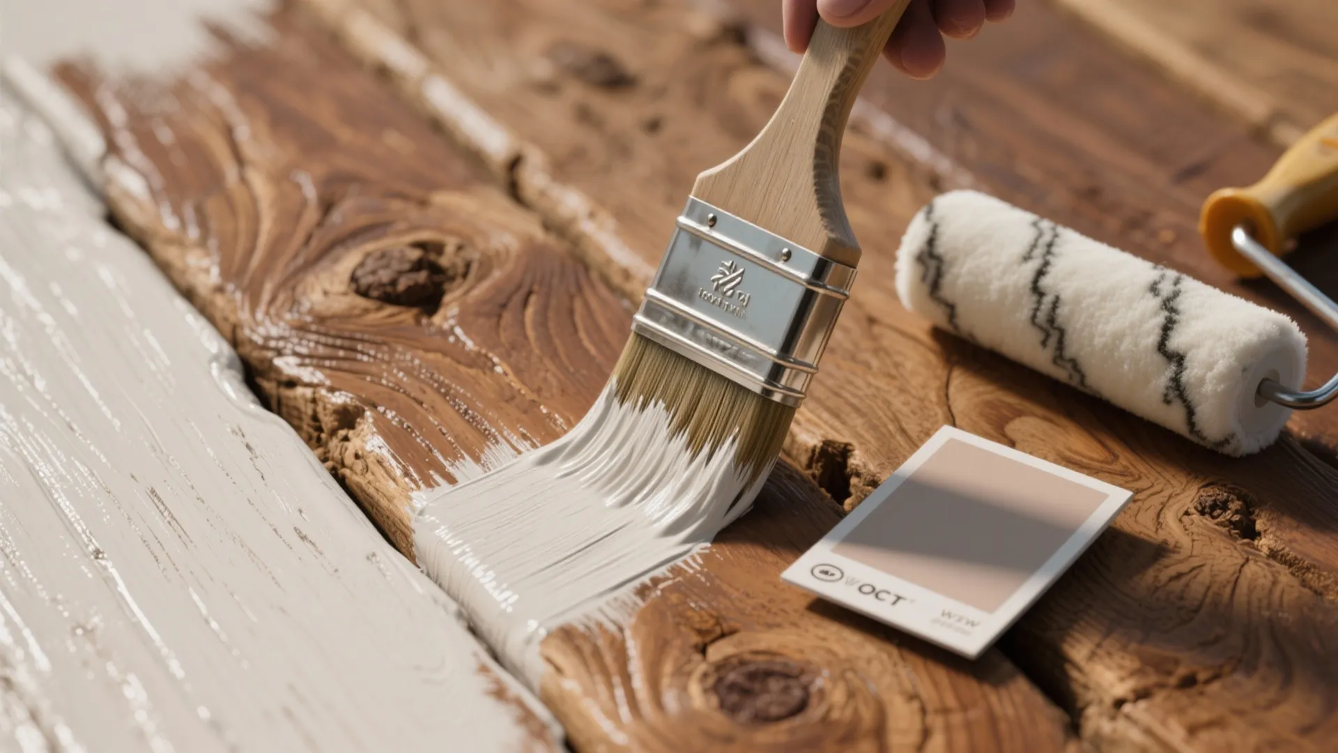 Close-up of a brush applying tinted primer and a thin topcoat that lets knotty pine grain peek through.