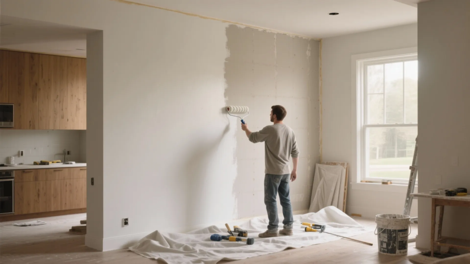 Man using a paint roller on large interior wall in modern house with open kitchen