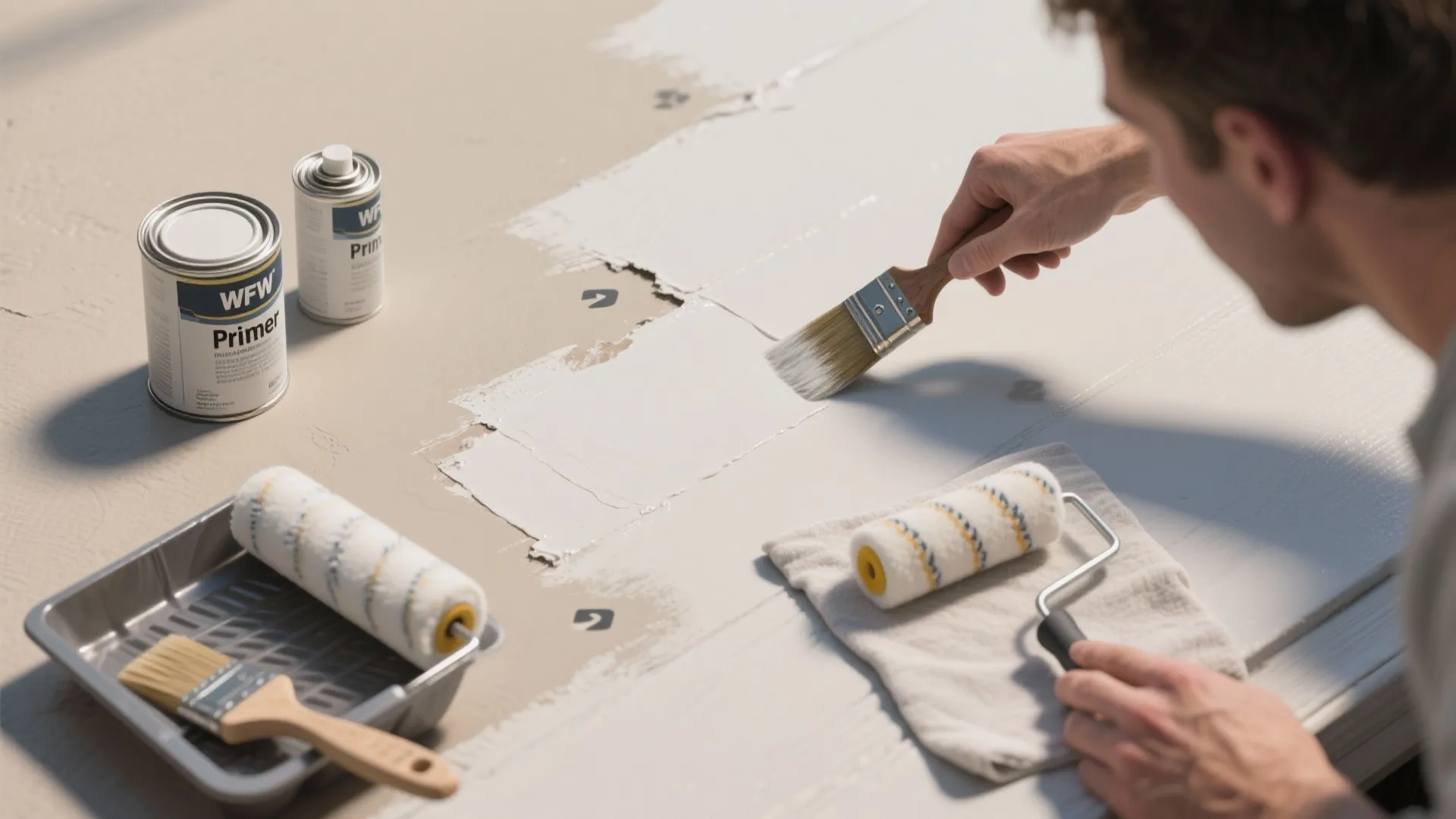 Top-down sequence showing primer and multiple thin paint layers applied to a repaired wall patch.