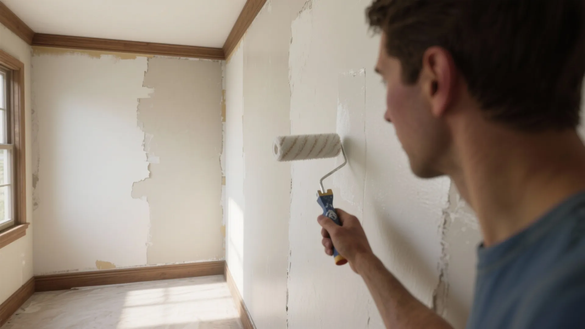 Man using paint roller to apply white paint on old wall during house renovation project