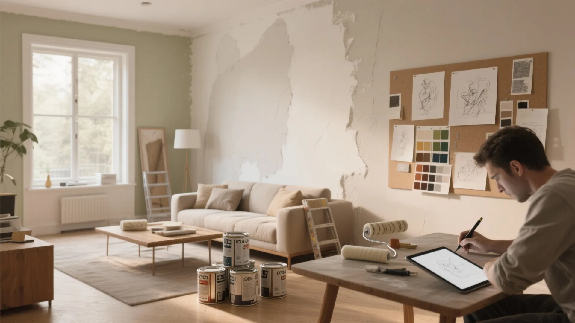 Designer sketching room ideas on tablet in living room with paint cans and mood board