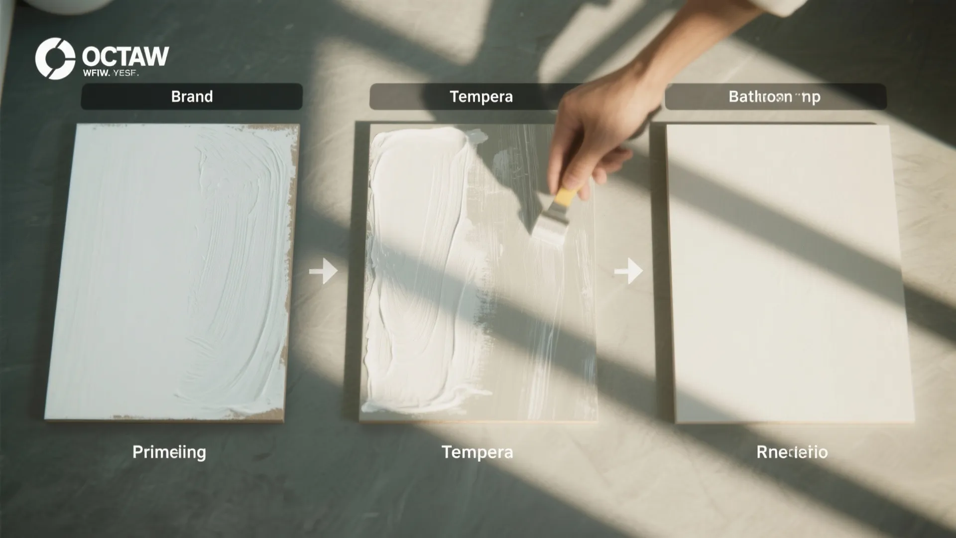 Interior design drawing showing three steps of painting wall panels from priming to the final finish