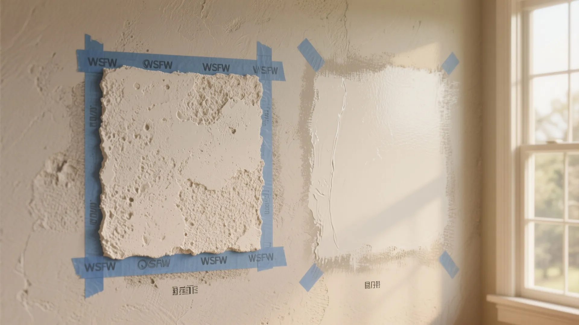 Side-by-side before and after of a test patch showing a sanded wall before primer and the same area after primer for even coverage.