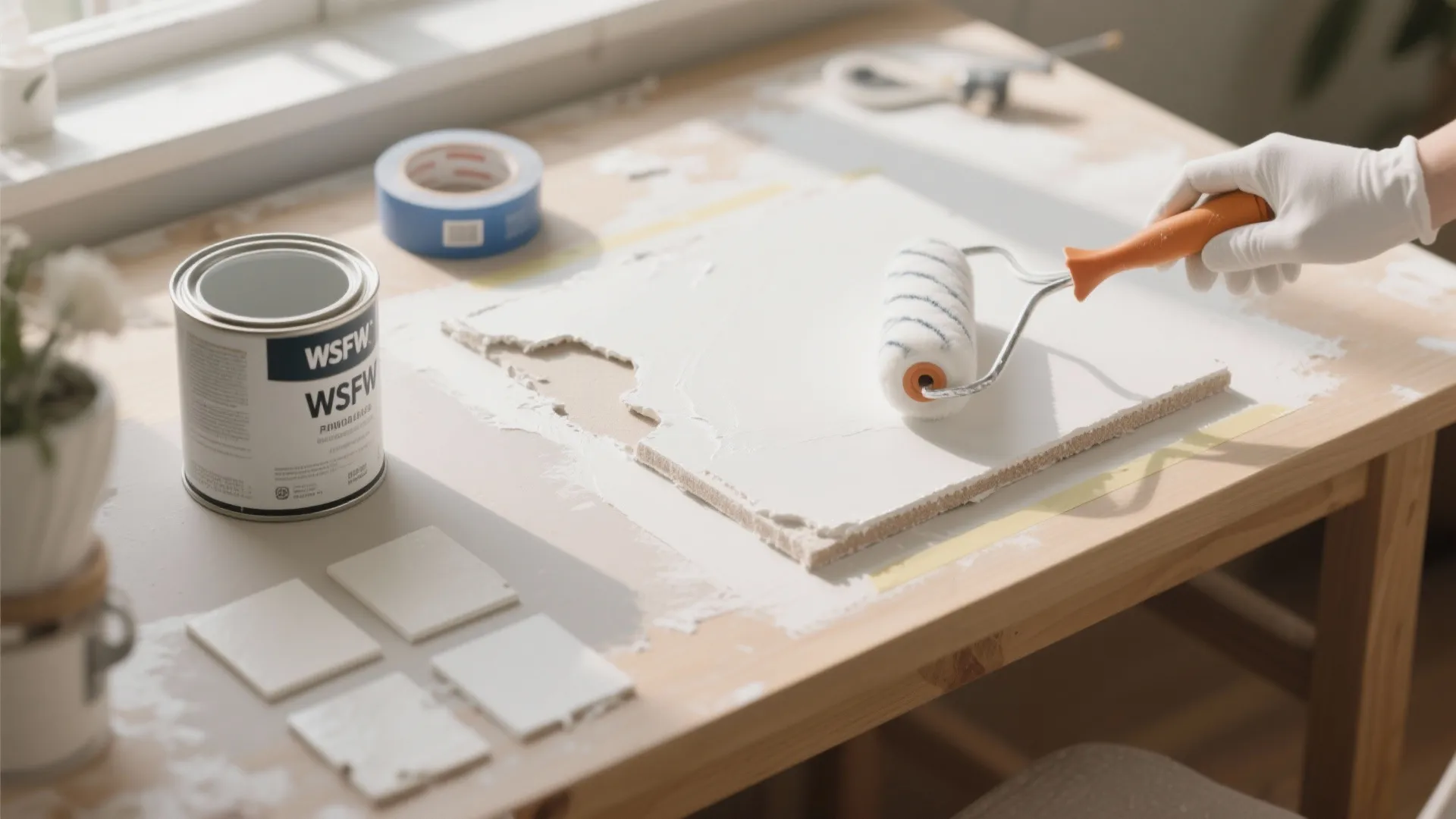Top-down view of a priming and painting process on a patched drywall sample with tools and tape.