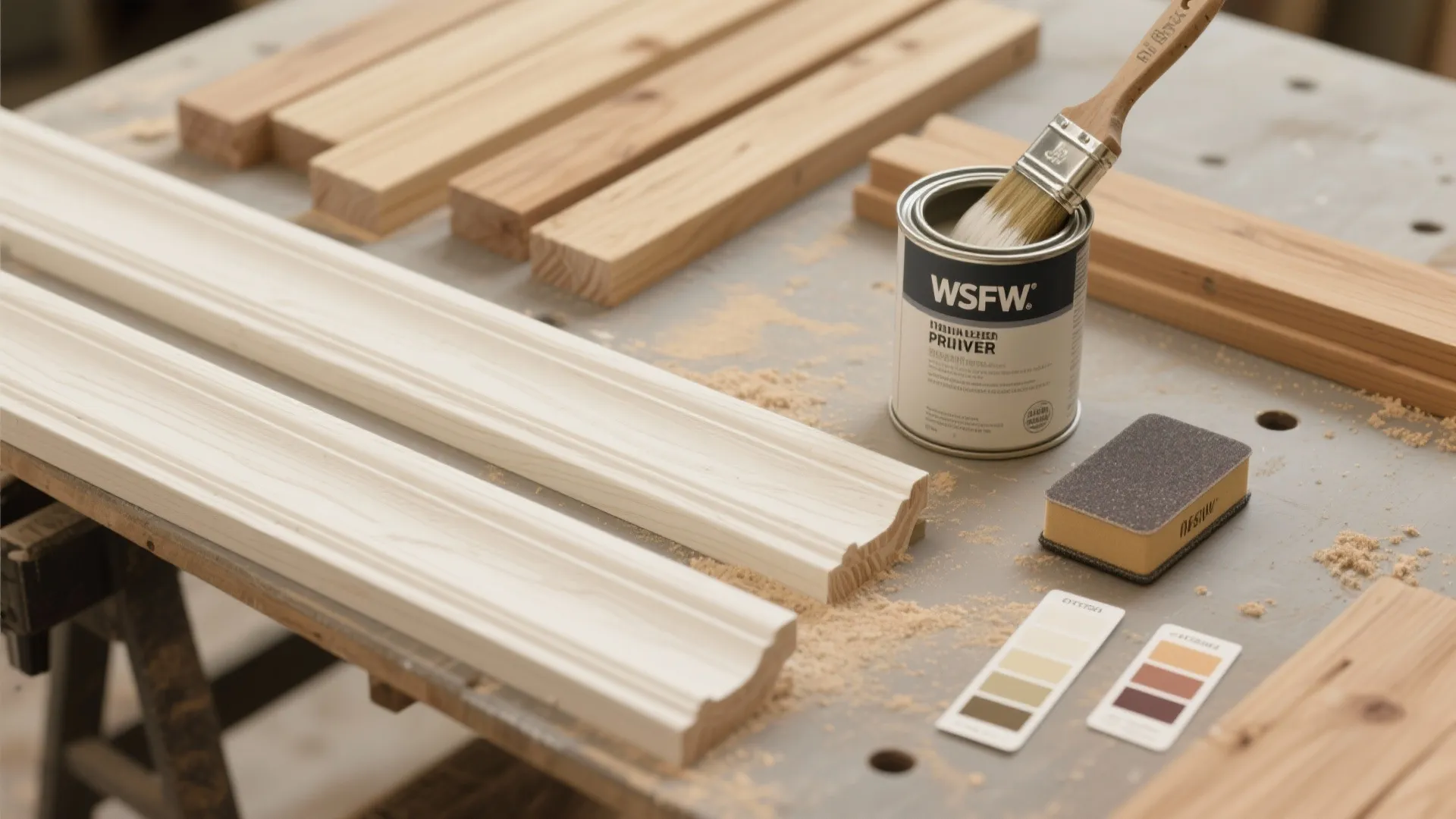 Work table with white wall panel pieces a paint can brush sanding tool and color samples