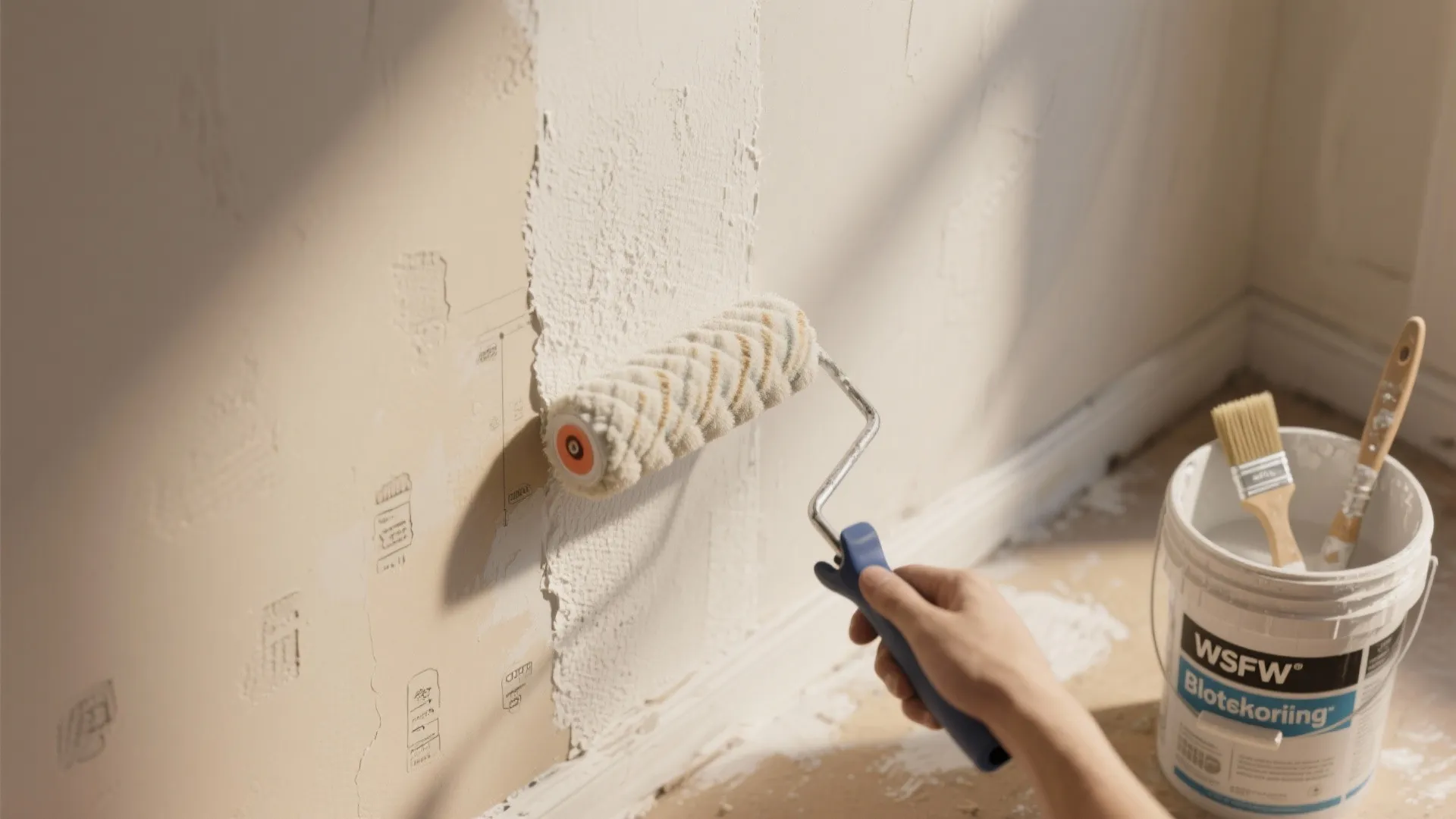 Person using a paint roller to apply white primer on a light colored indoor wall