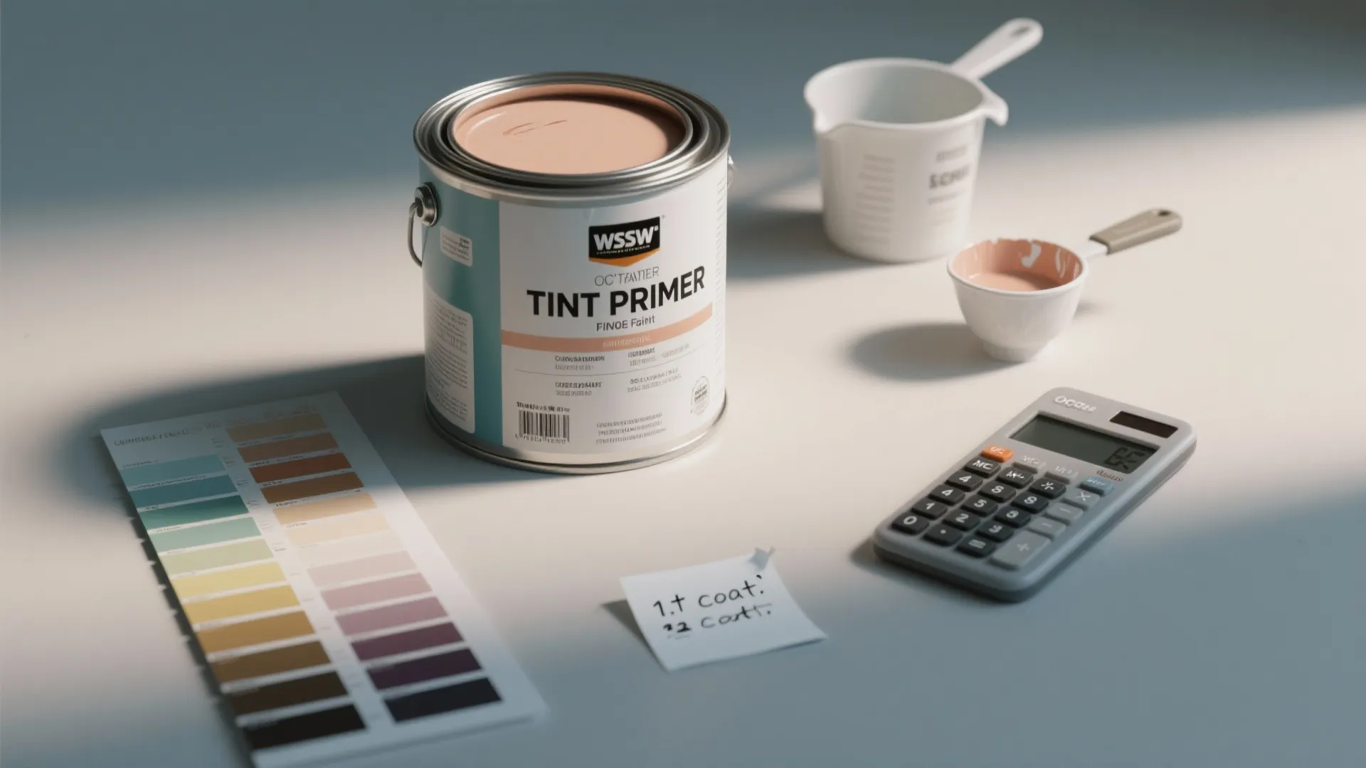 Paint primer can on table with color swatch sheet calculator small measuring cup and note