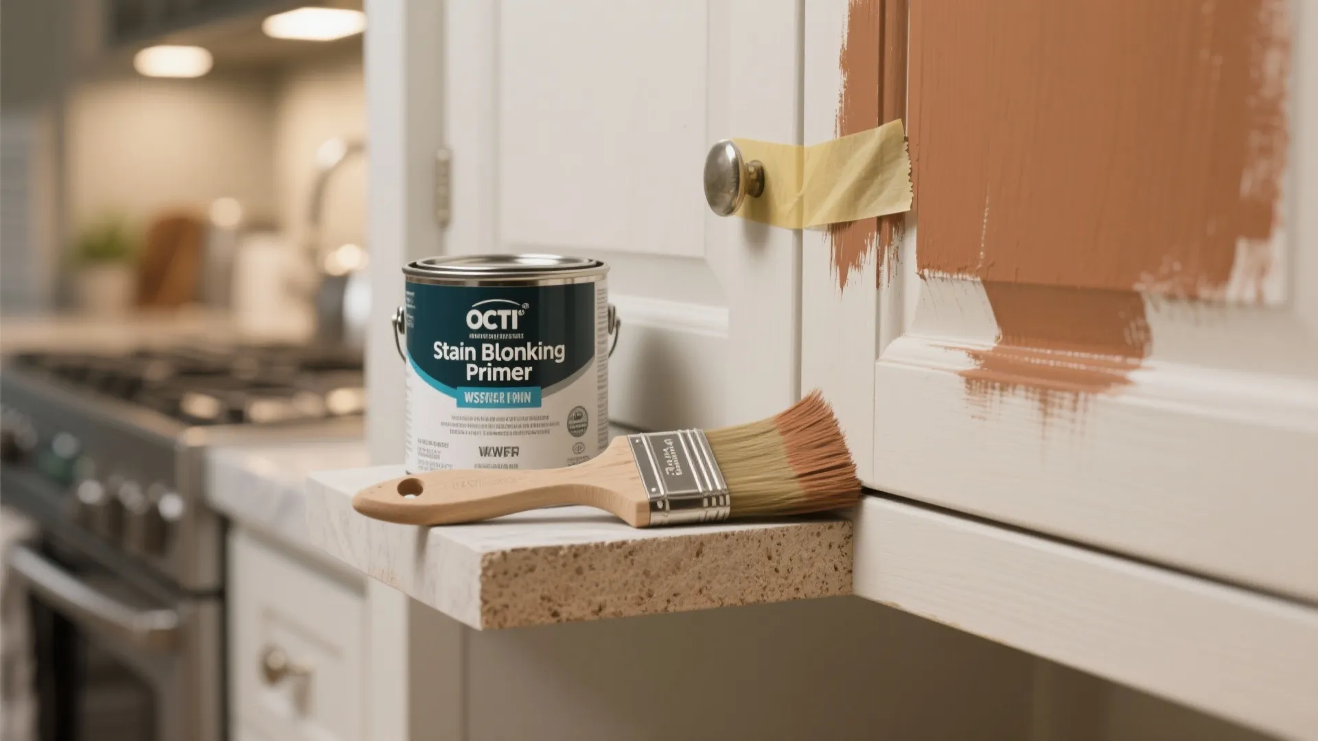 A white kitchen cabinet door being painted brown next to a primer can and brush