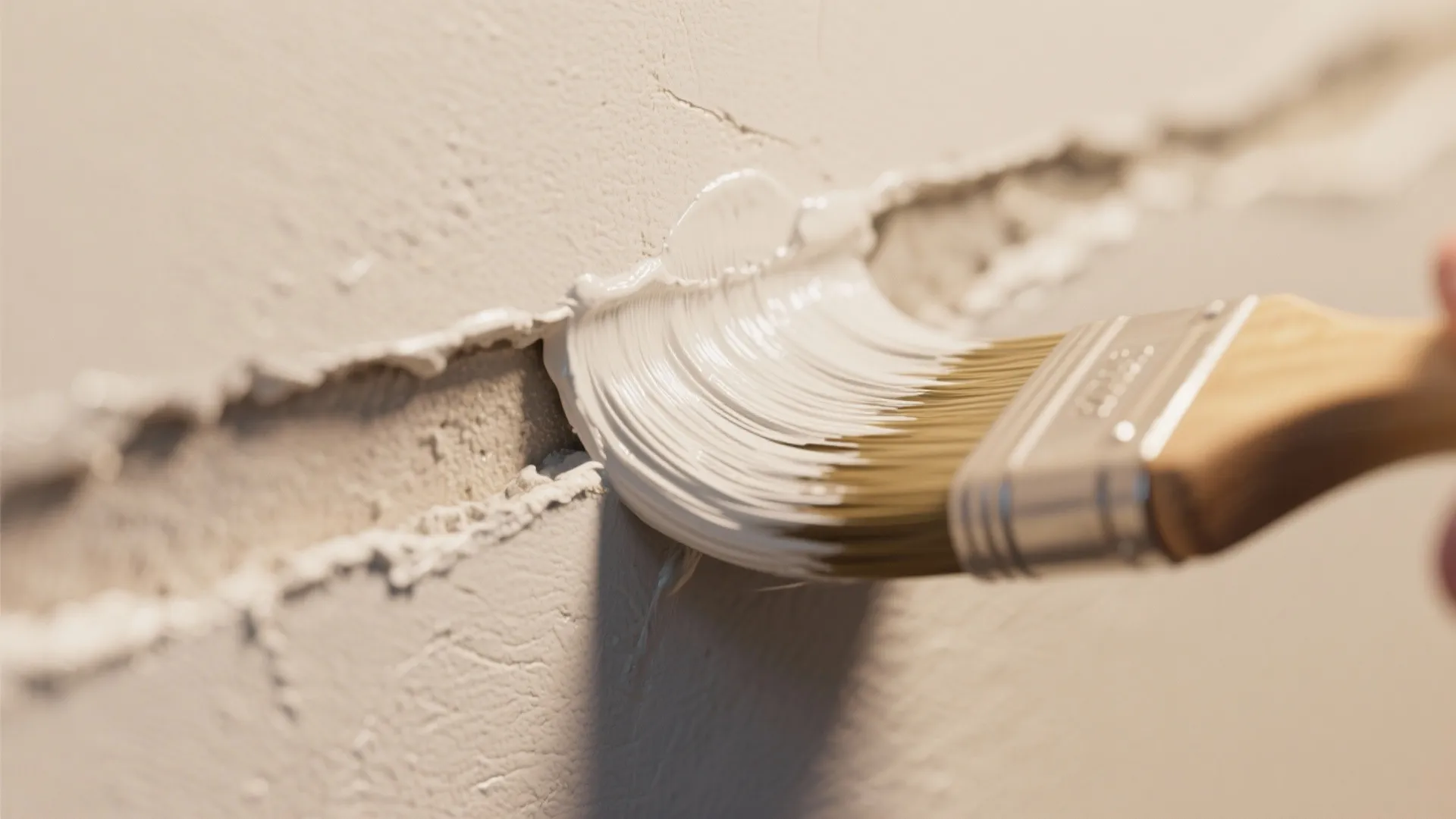Close up of a brush applying white paint to a crack on the room wall