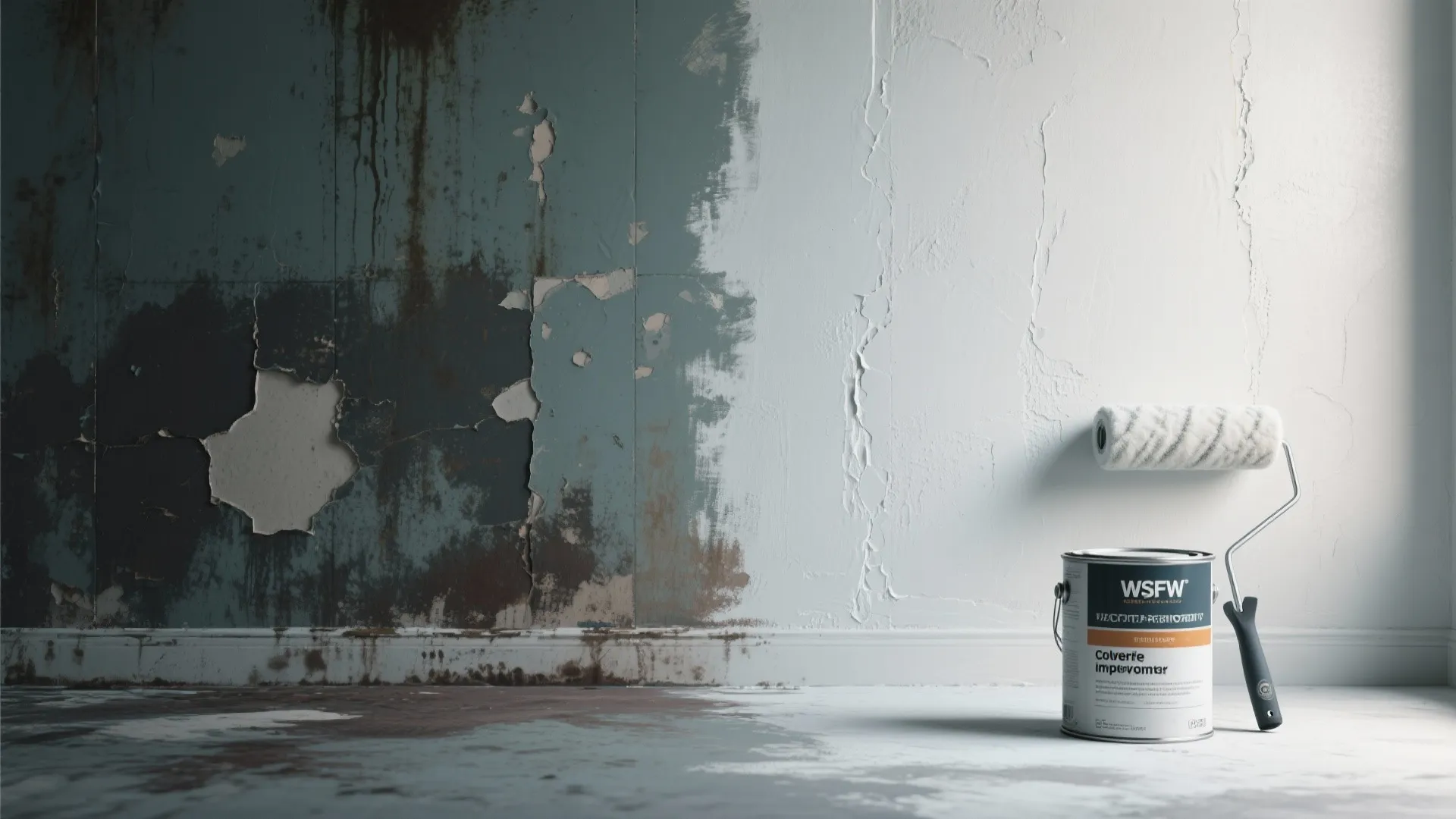 Before-and-after comparison showing stained wall versus primed and painted wall with primer can