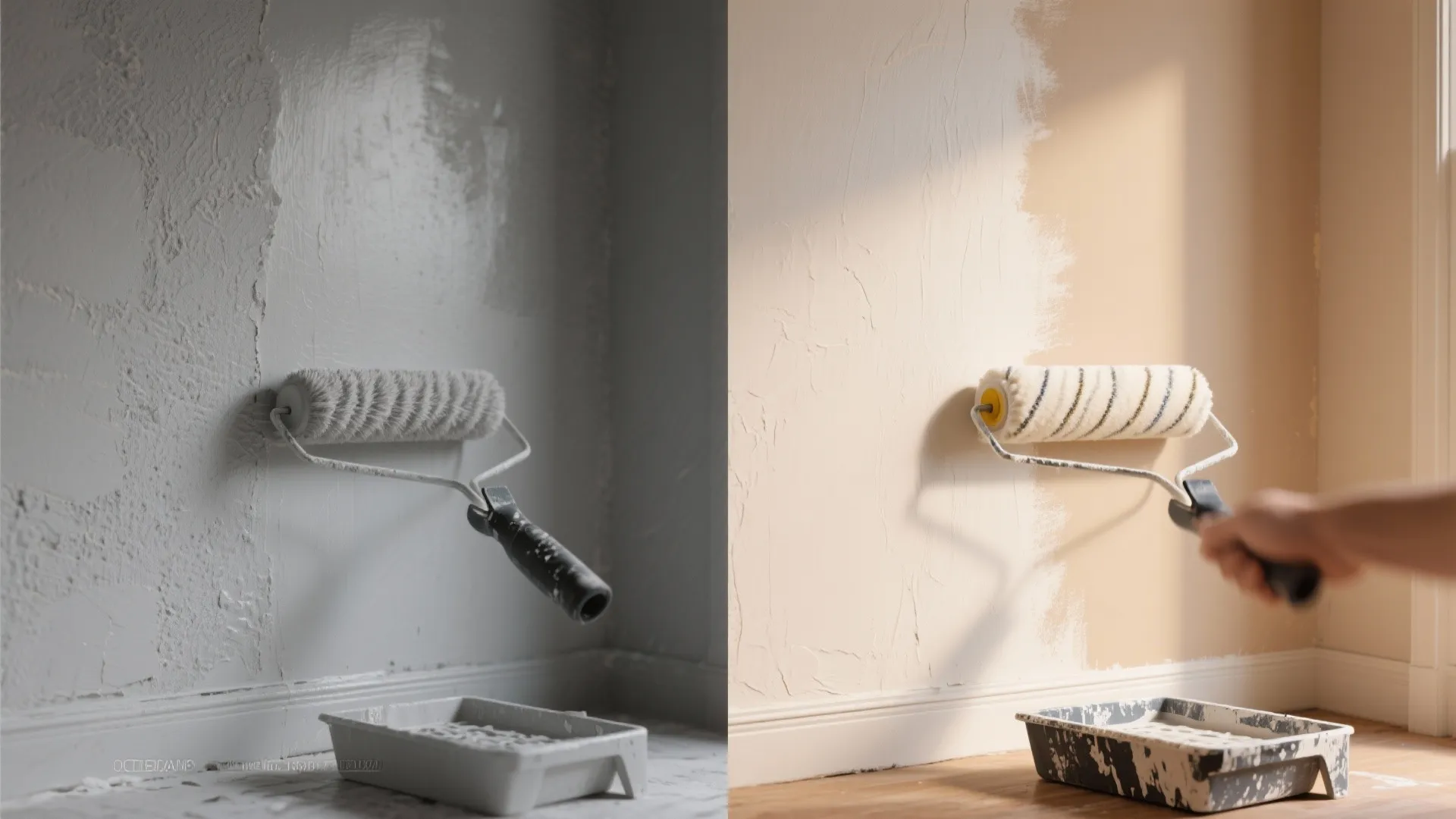 Before and after comparison showing a paint roller applying grey primer versus light beige paint