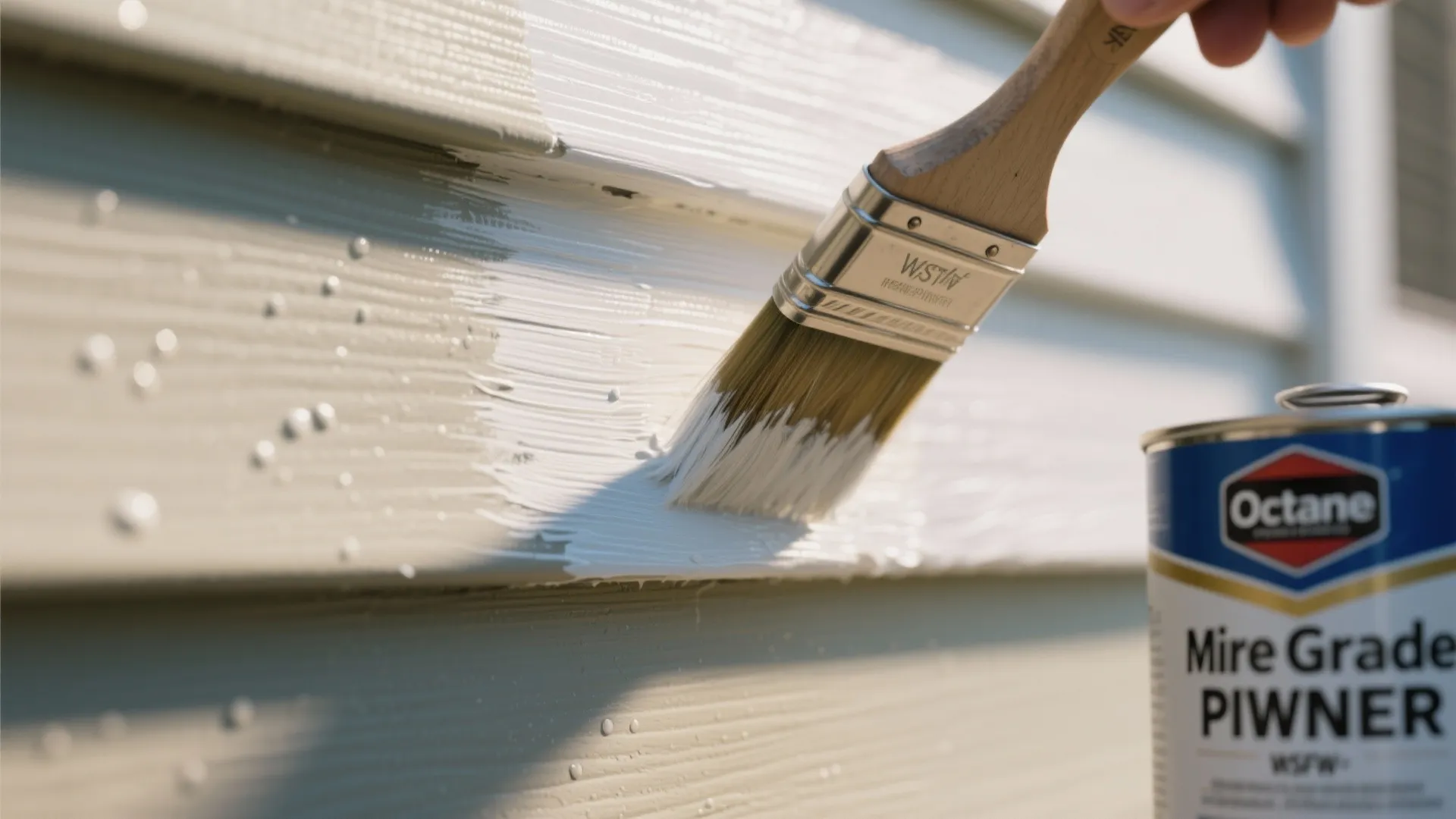 Hand using a brush to apply white paint onto grey horizontal wall panels on house