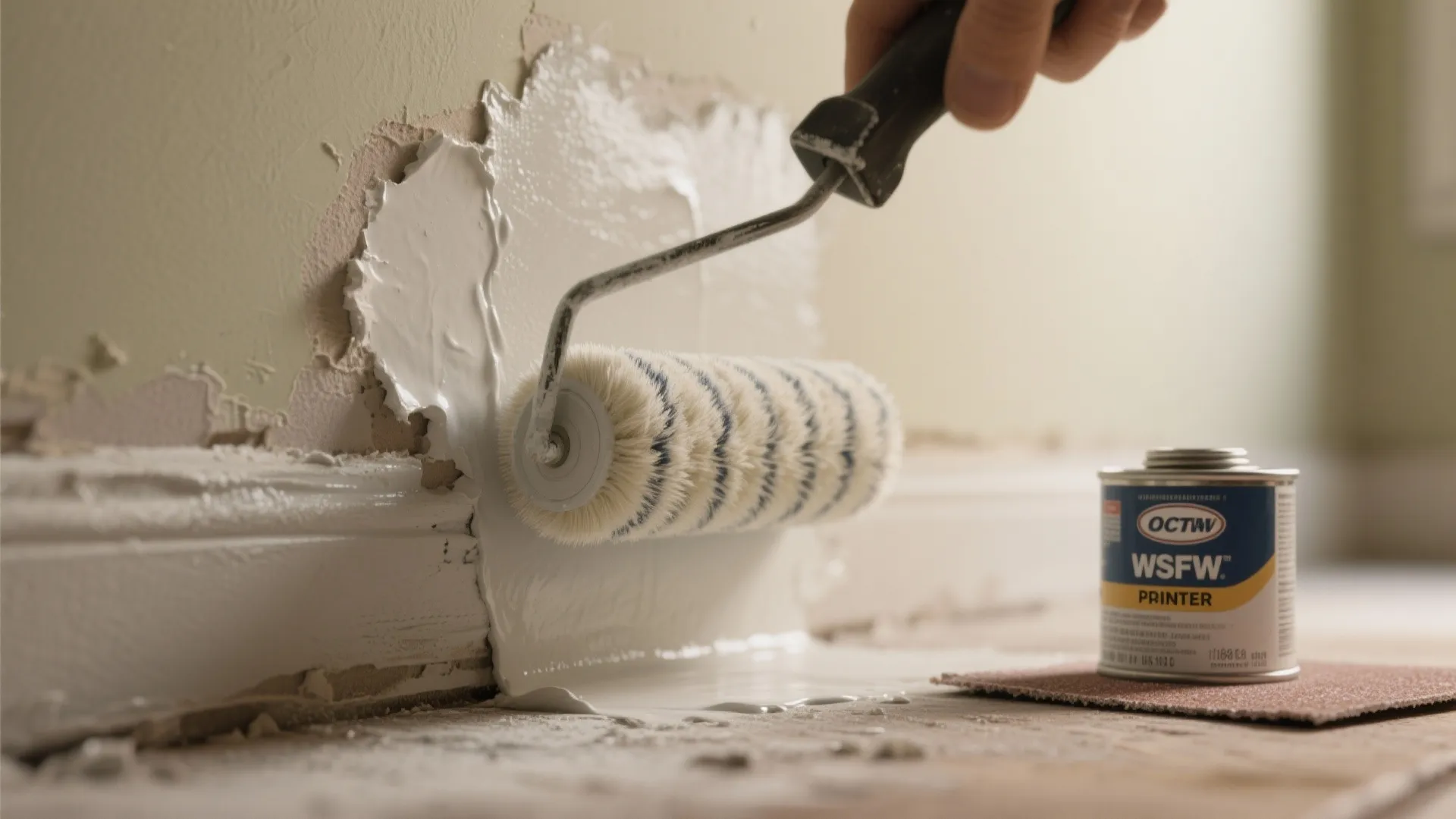 Close up of a hand using a roller to apply white paint onto a wall