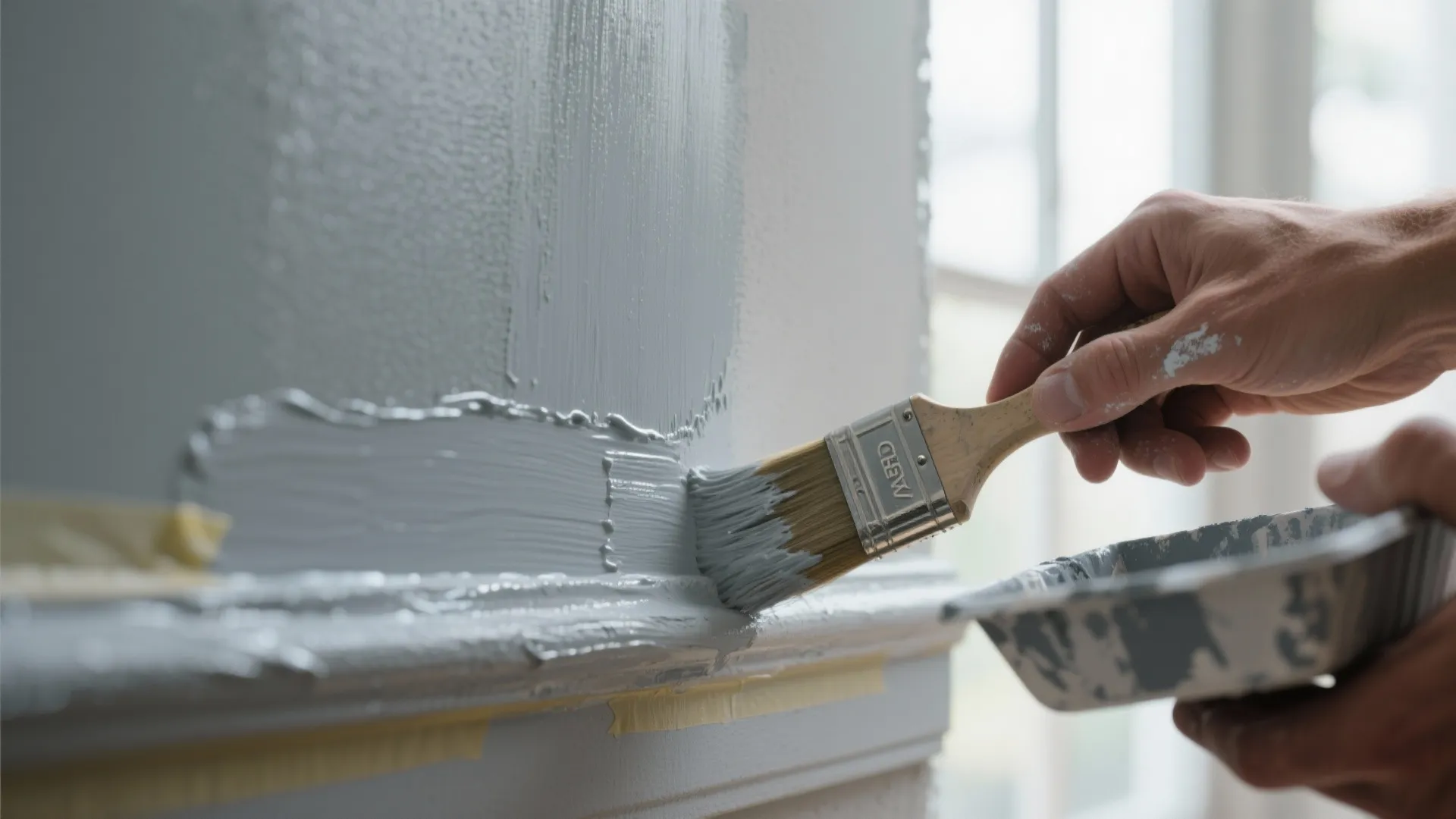 Hand using a paintbrush to apply light gray paint onto wall panel trim with tape