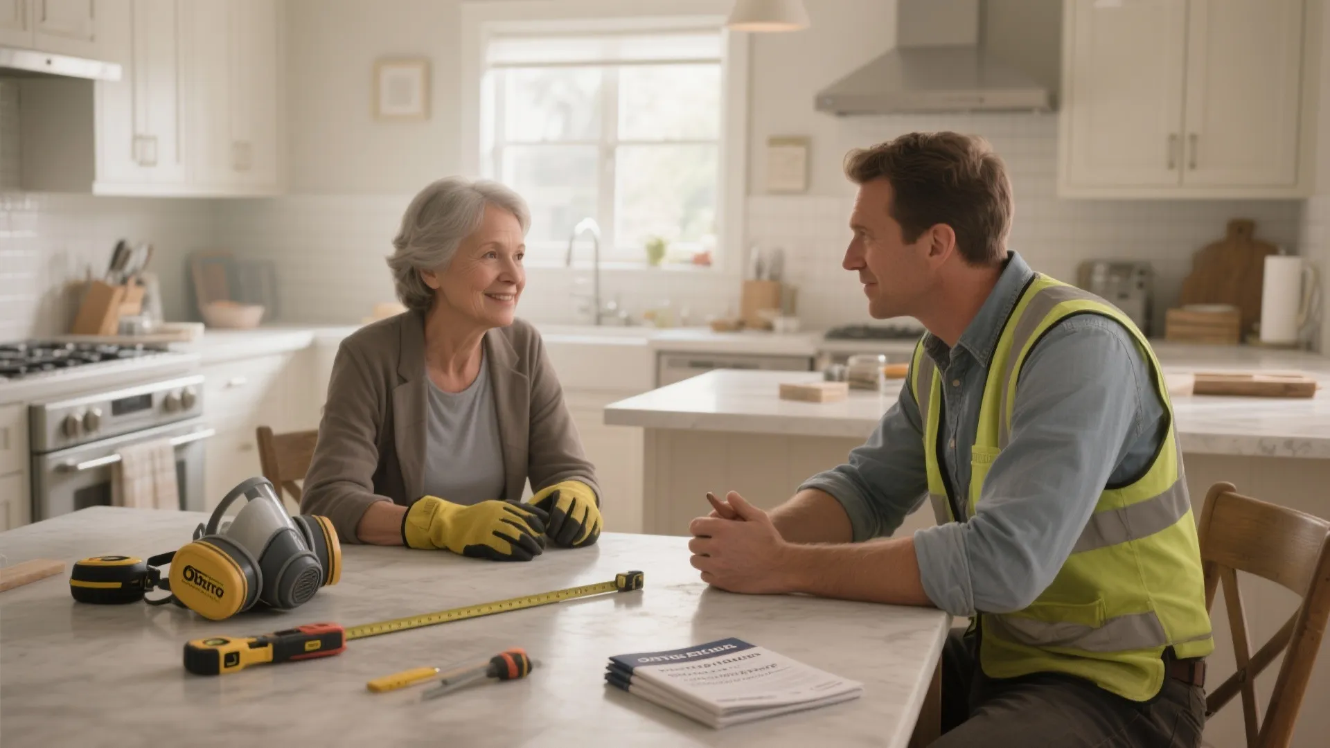 Interior design drawing expert talking to a woman in a bright kitchen with renovation tools