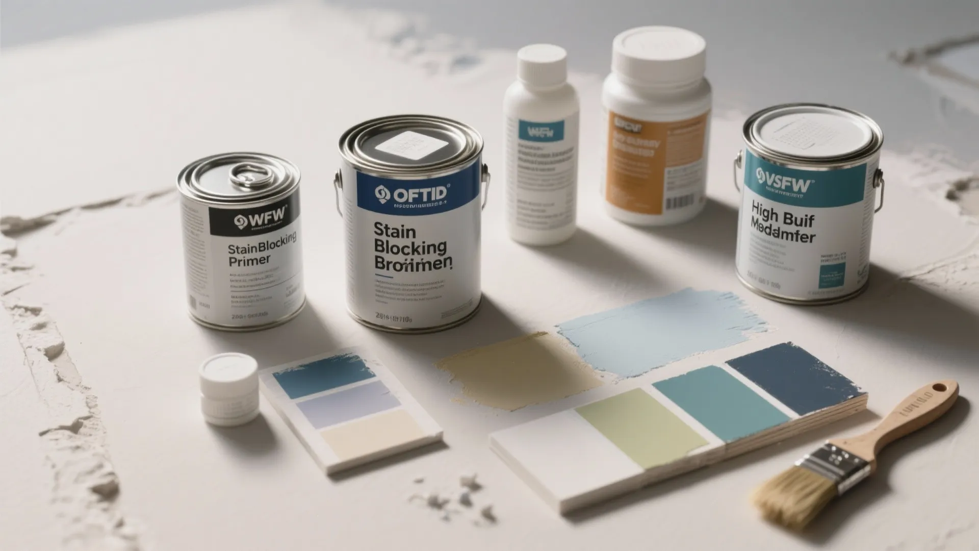 Three cans of primer paint next to color swatches and a wooden brush on white table