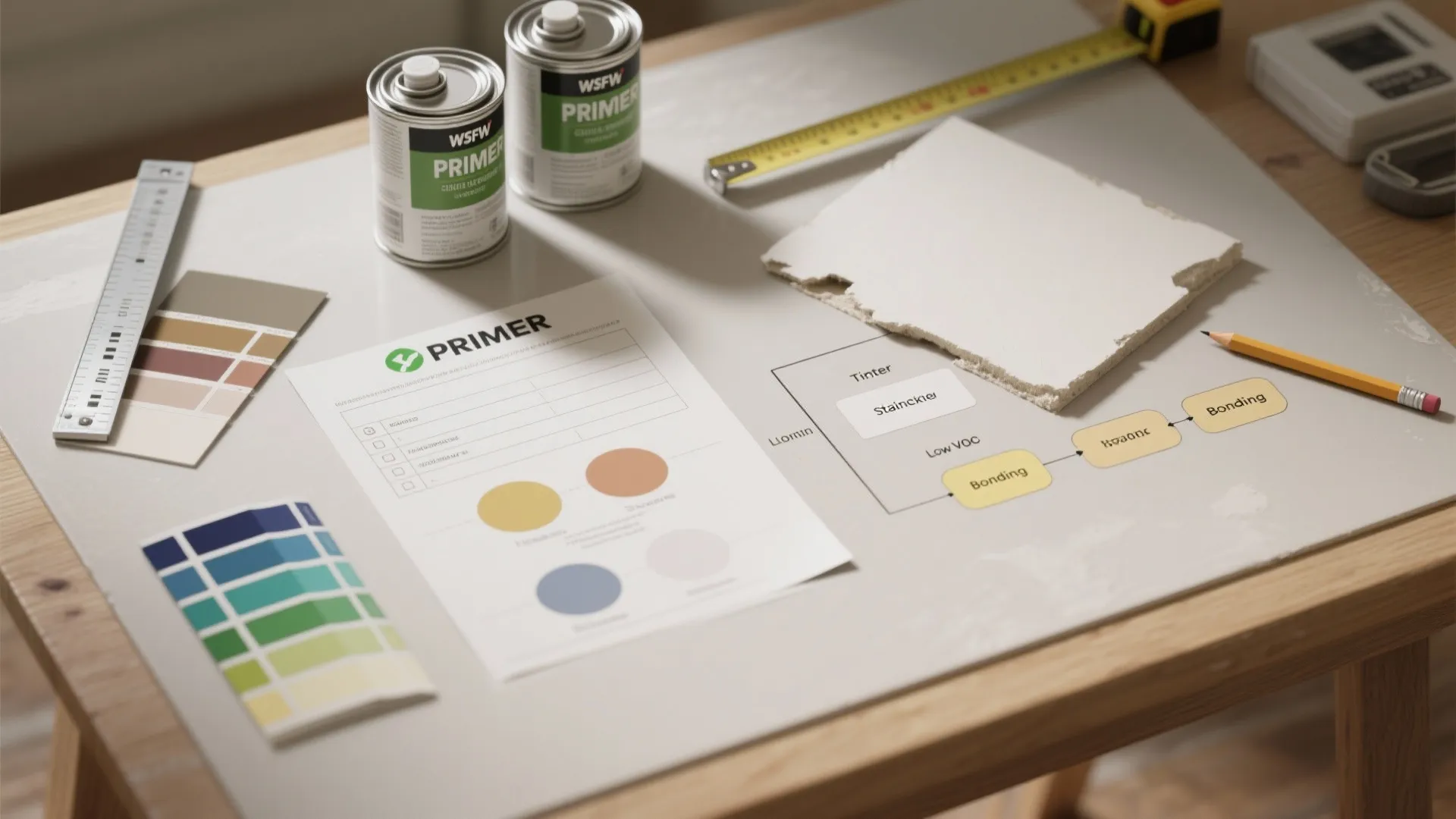 Top-down view of a primer decision checklist with swatches and cans illustrating primer selection steps.