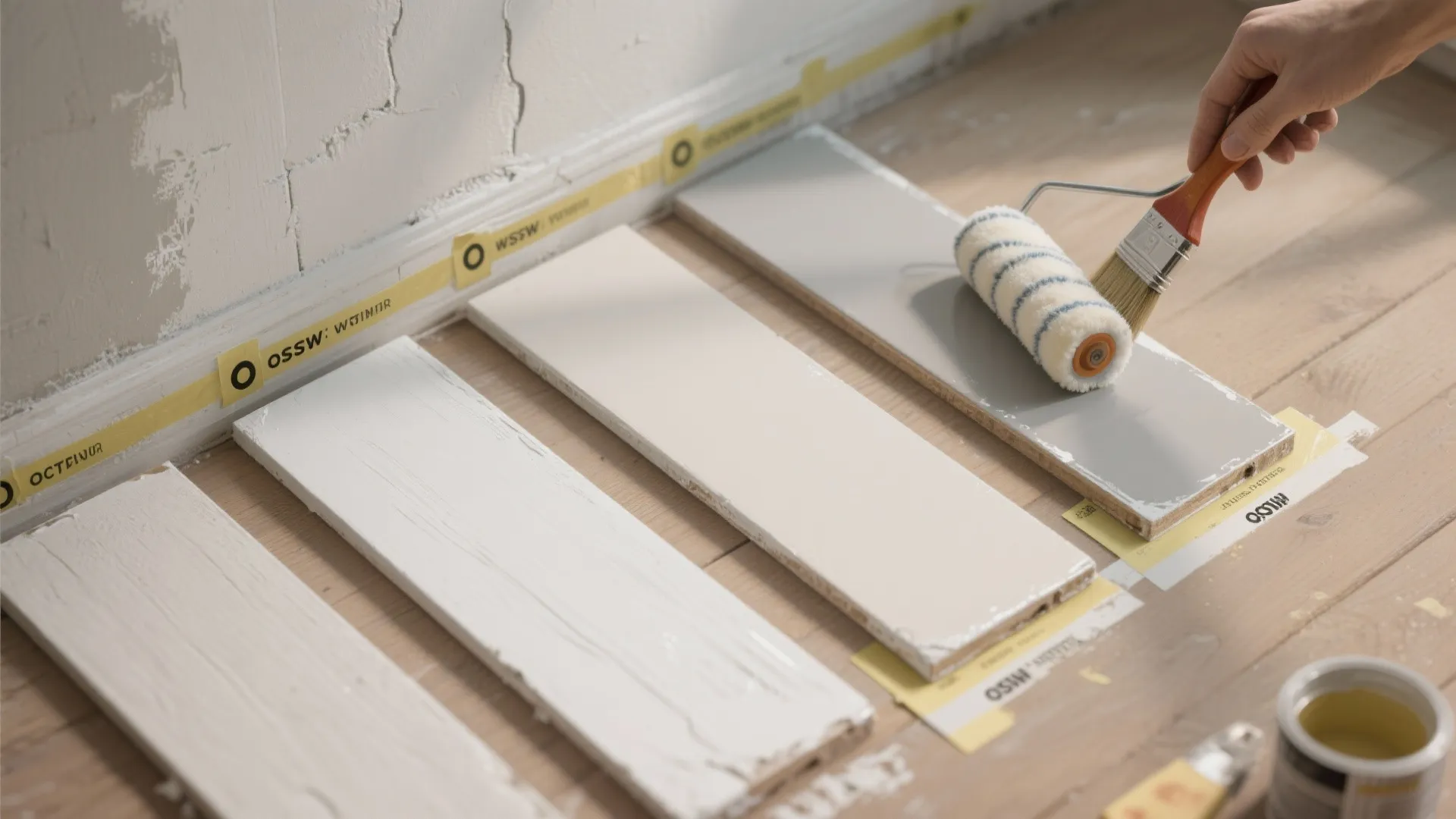 Hand using a paint roller to apply grey paint on wooden boards during home renovation