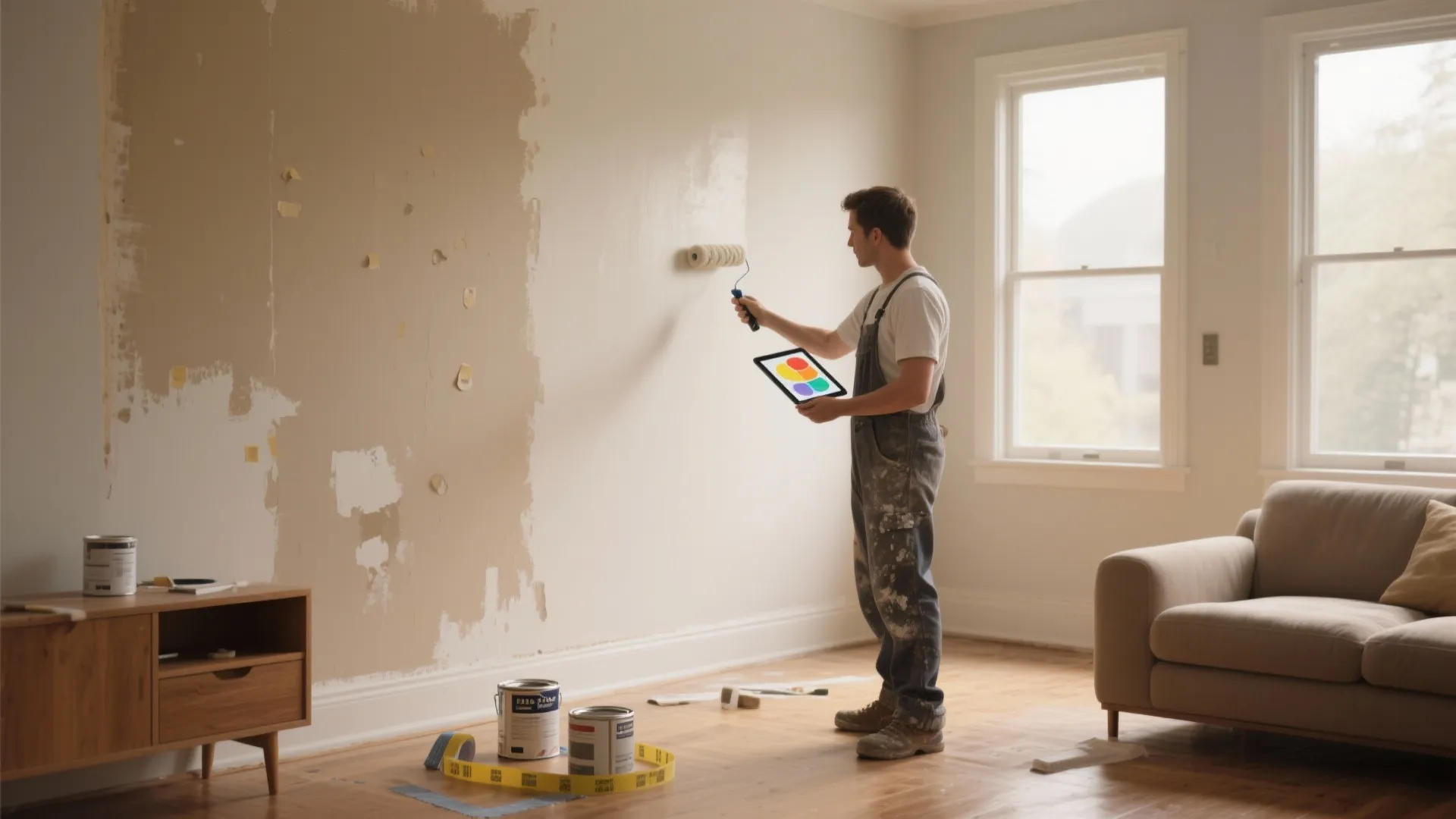 Man painting wall with roller while holding tablet inside bright living room with tan sofa
