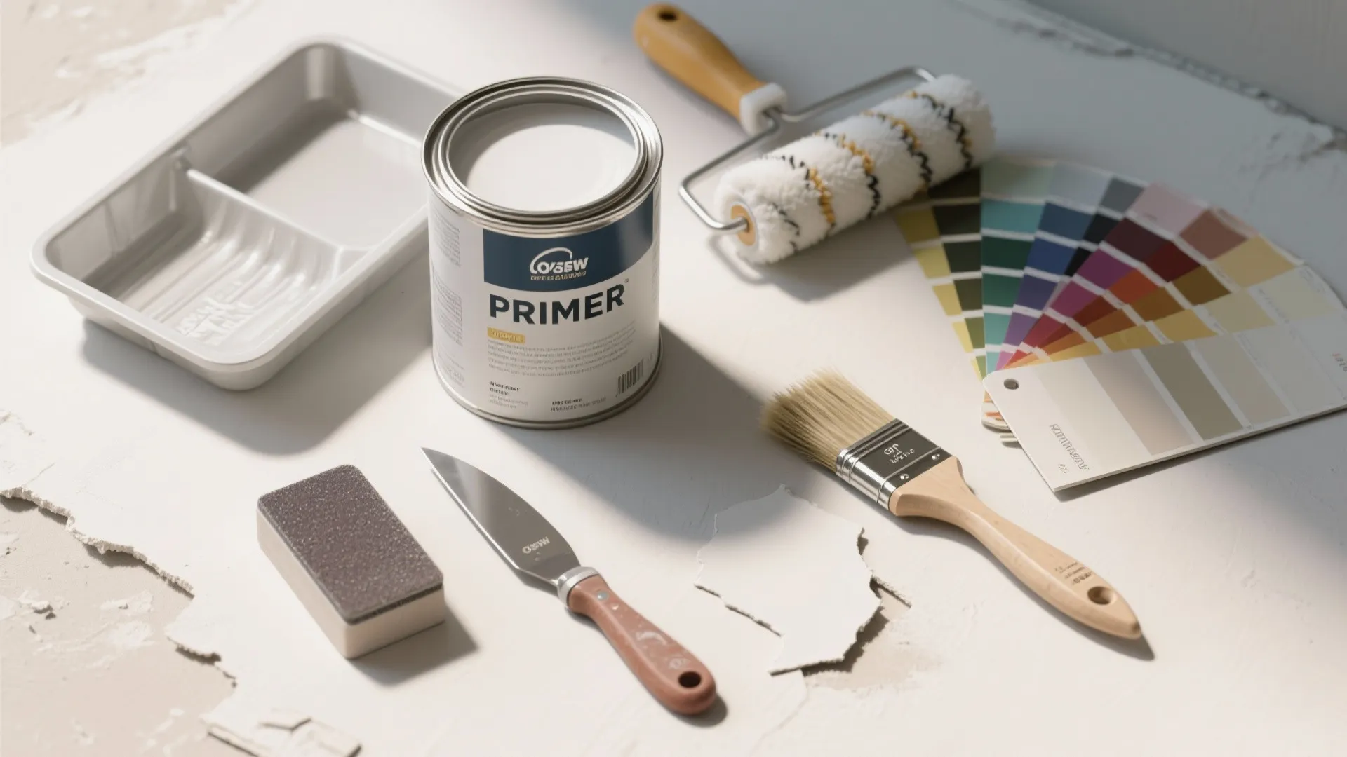 Top-down view of primer can, roller, brushes, sanding block and color swatches for wall prep.