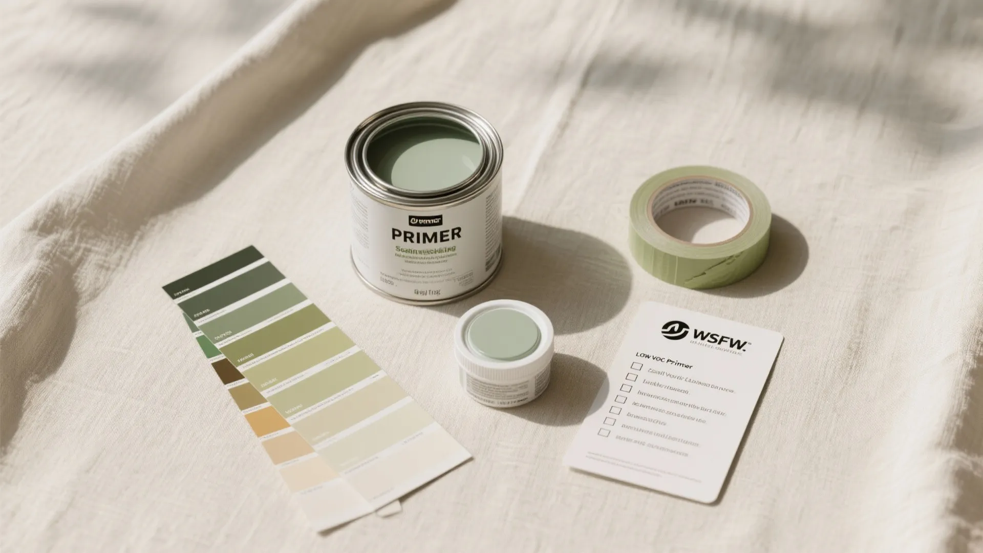 Green paint can with color swatches tape and a checklist on a light fabric surface