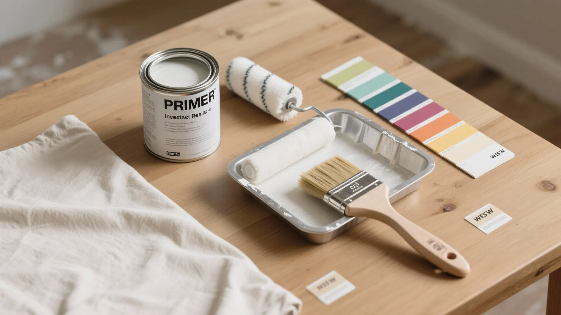 Top-down flatlay of primer can, brush, roller, tray and color swatches on a table.