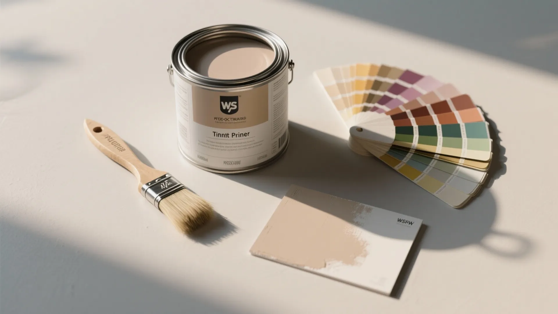 Top-down flatlay of tinted primer can, paint swatches, brush, and test panels showing improved coverage.