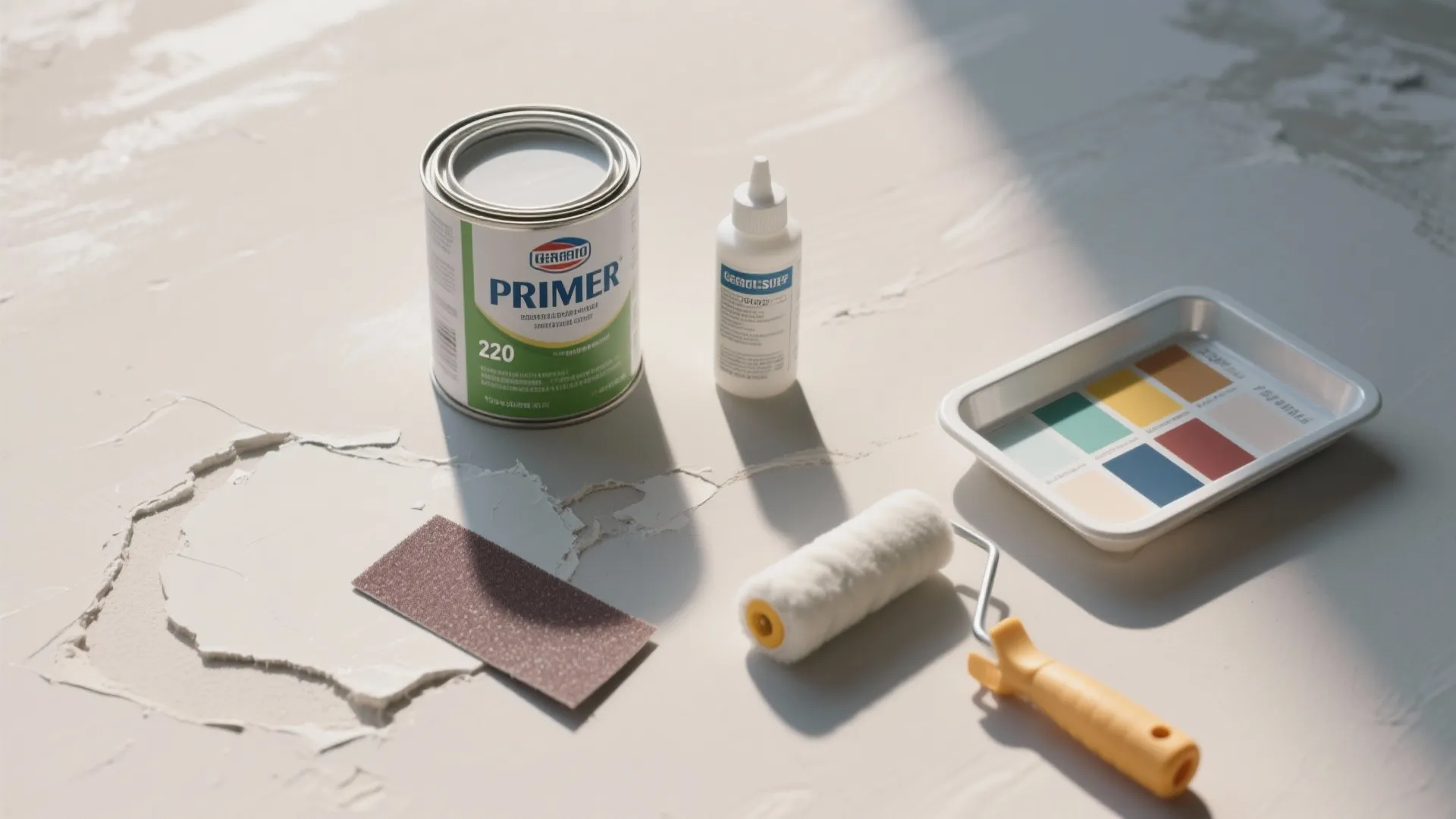 Wall paint primer can with small glue bottle sandpaper and paint roller on white floor