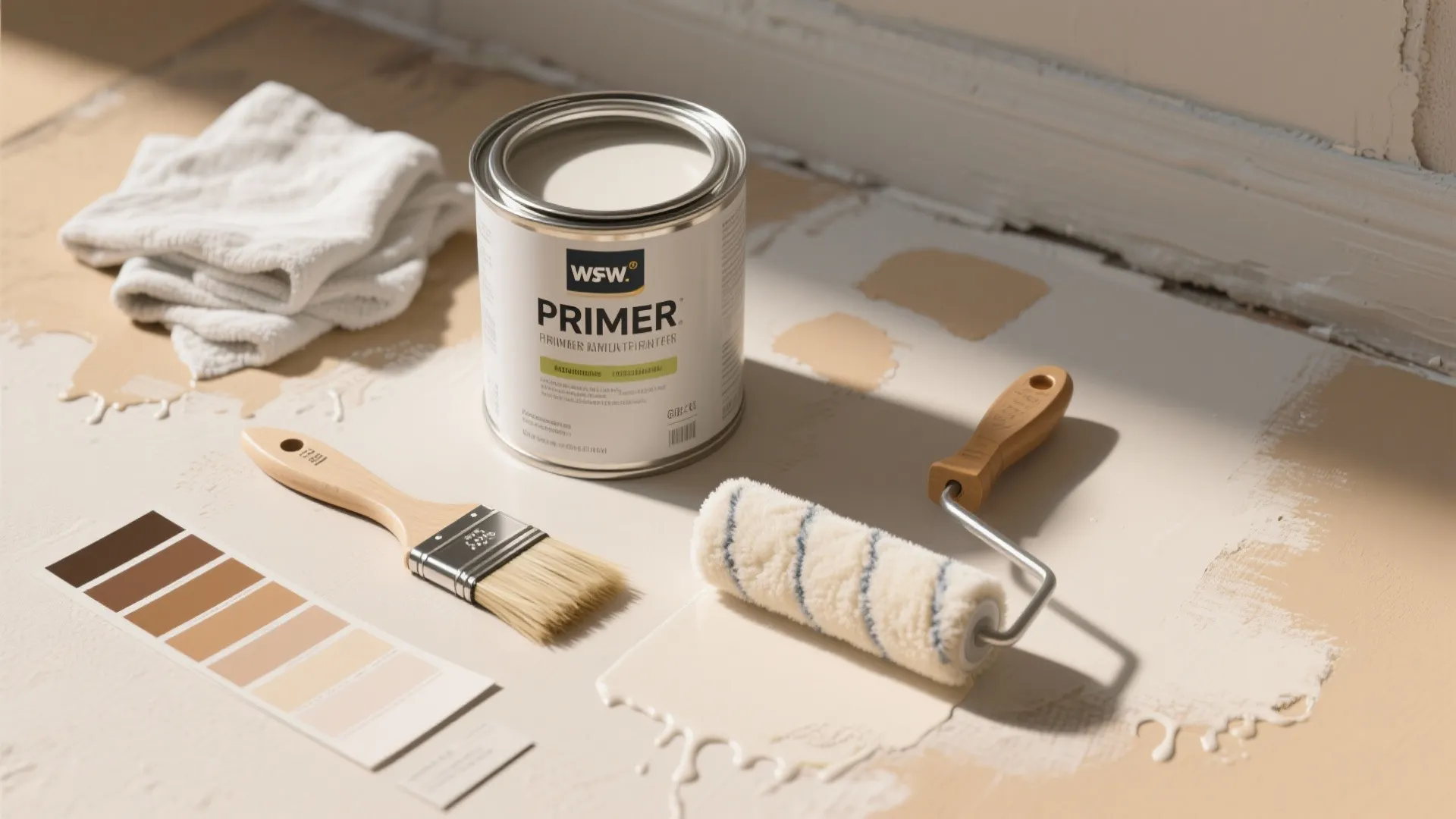 Open white paint can with brush paint roller and color swatches on a tan floor