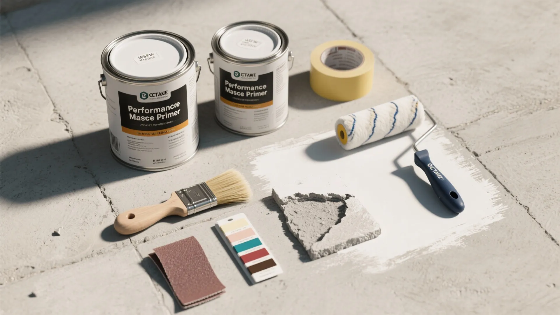 Two paint cans with brush roller tape and color palette on a gray stone floor