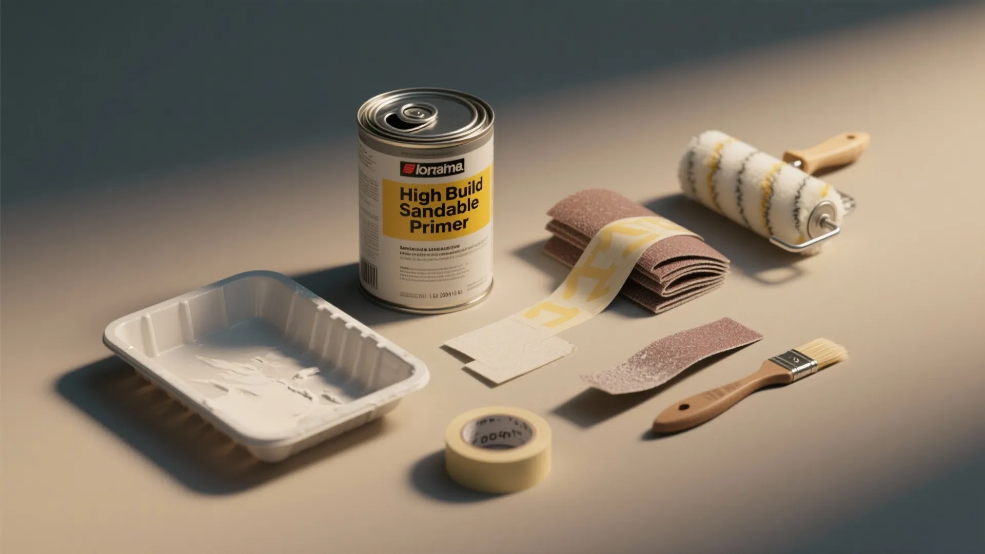 Primer paint can with paint tray sandpaper roller brush and tape for a home renovation