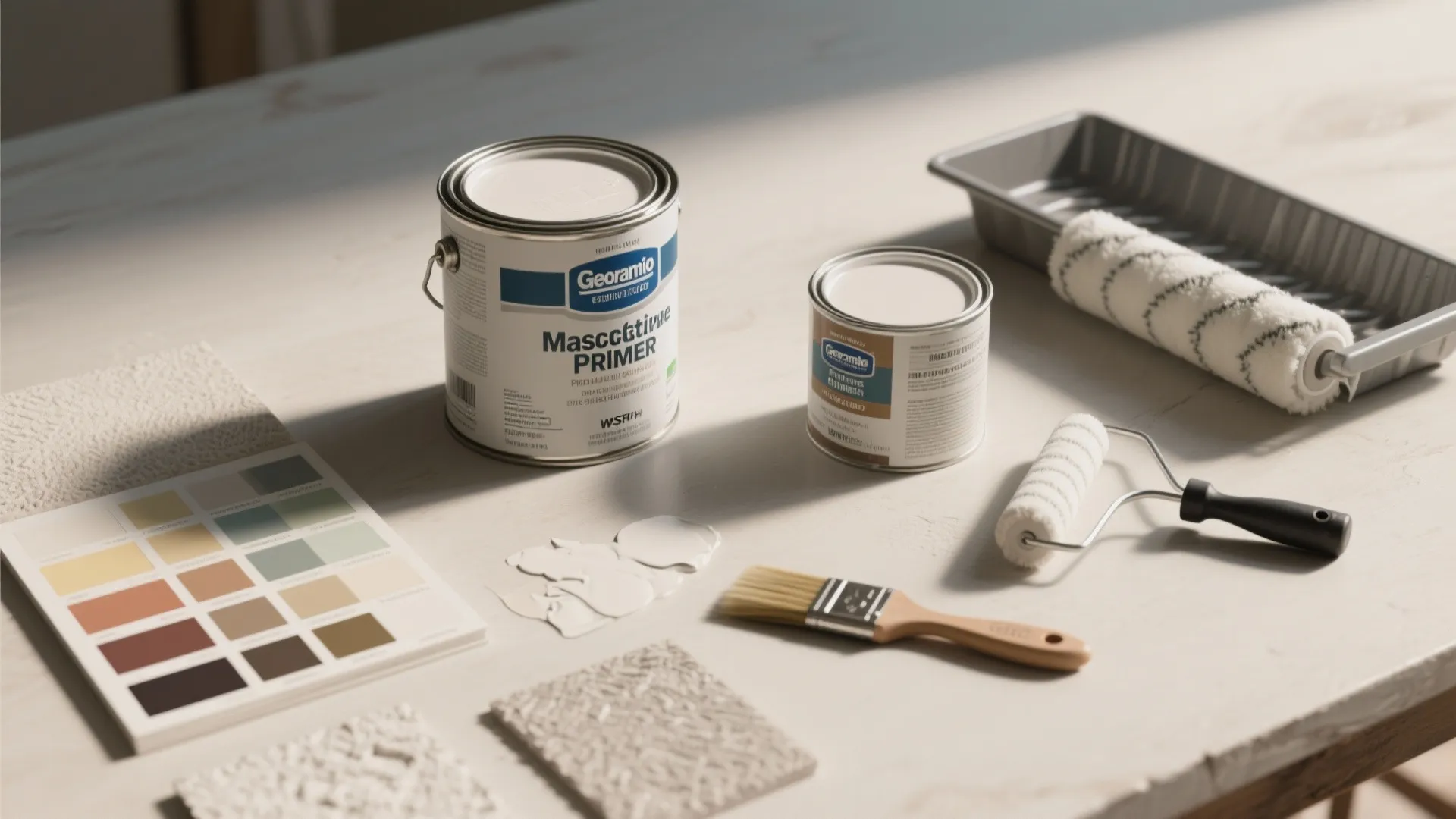 White paint cans, rollers, a brush, and color palette laid out on a light table