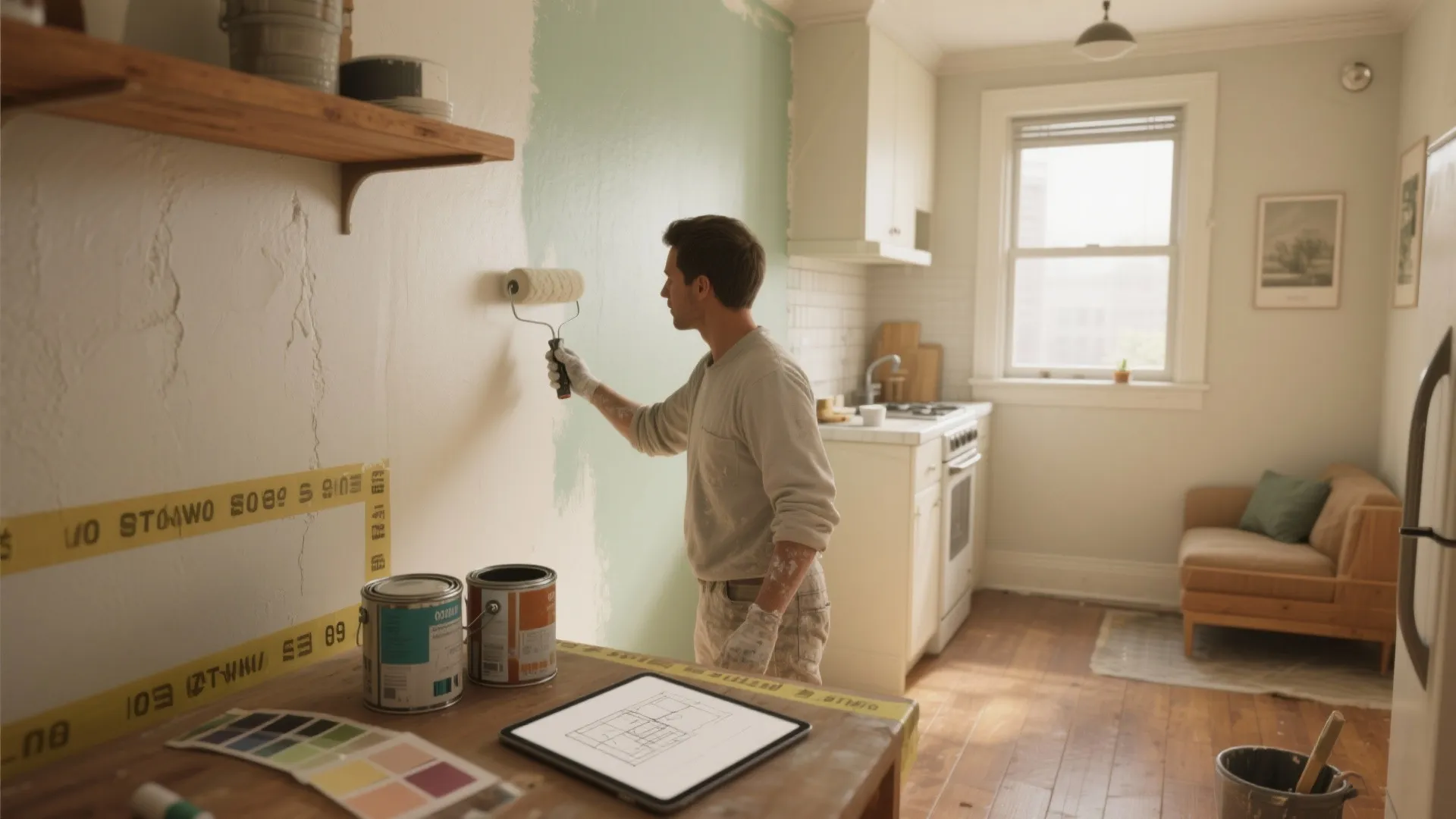 Man using a paint roller on a kitchen wall with paint cans and floor plan