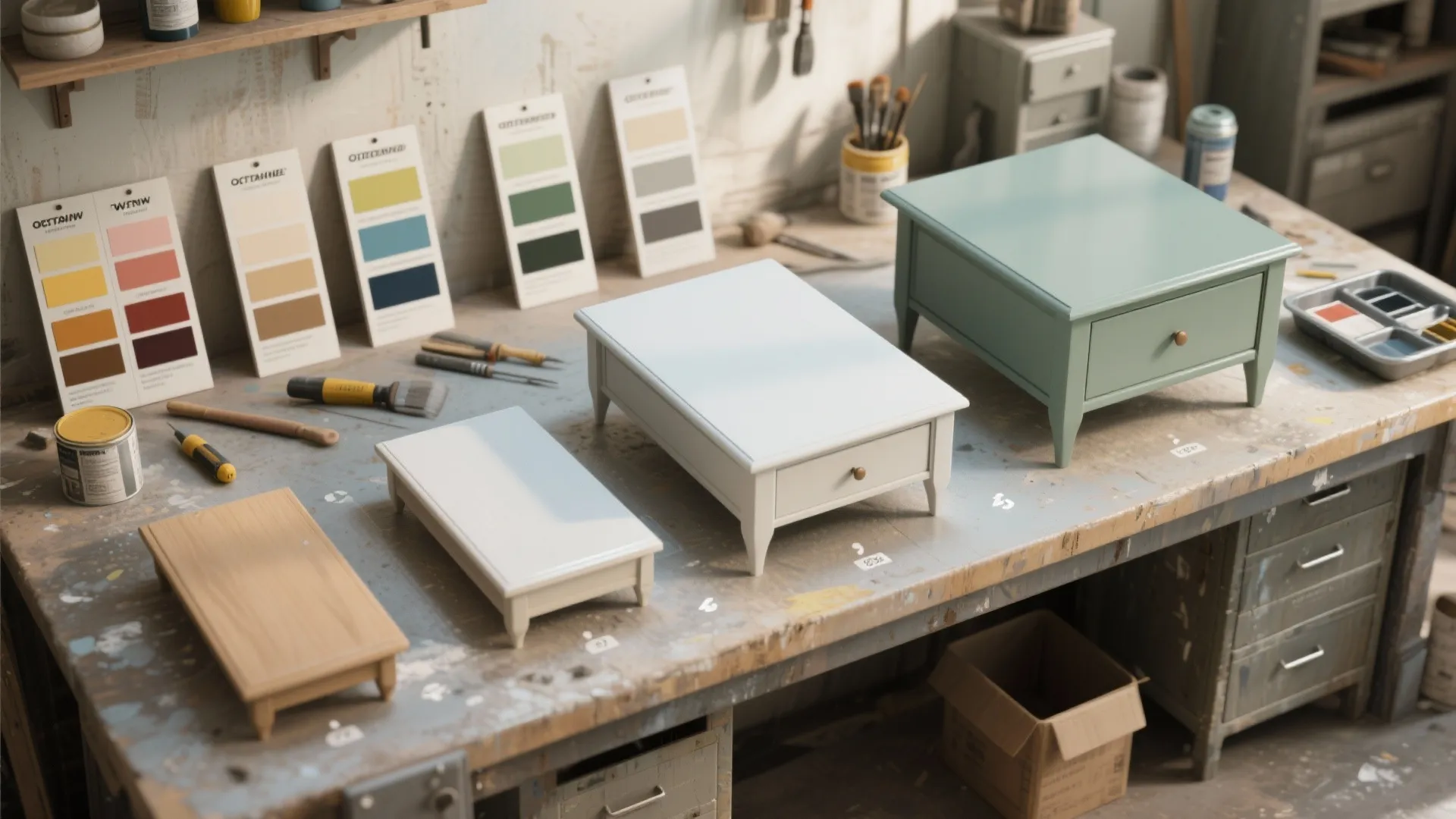 Wooden furniture pieces on a workbench with color paint samples and various home DIY tools