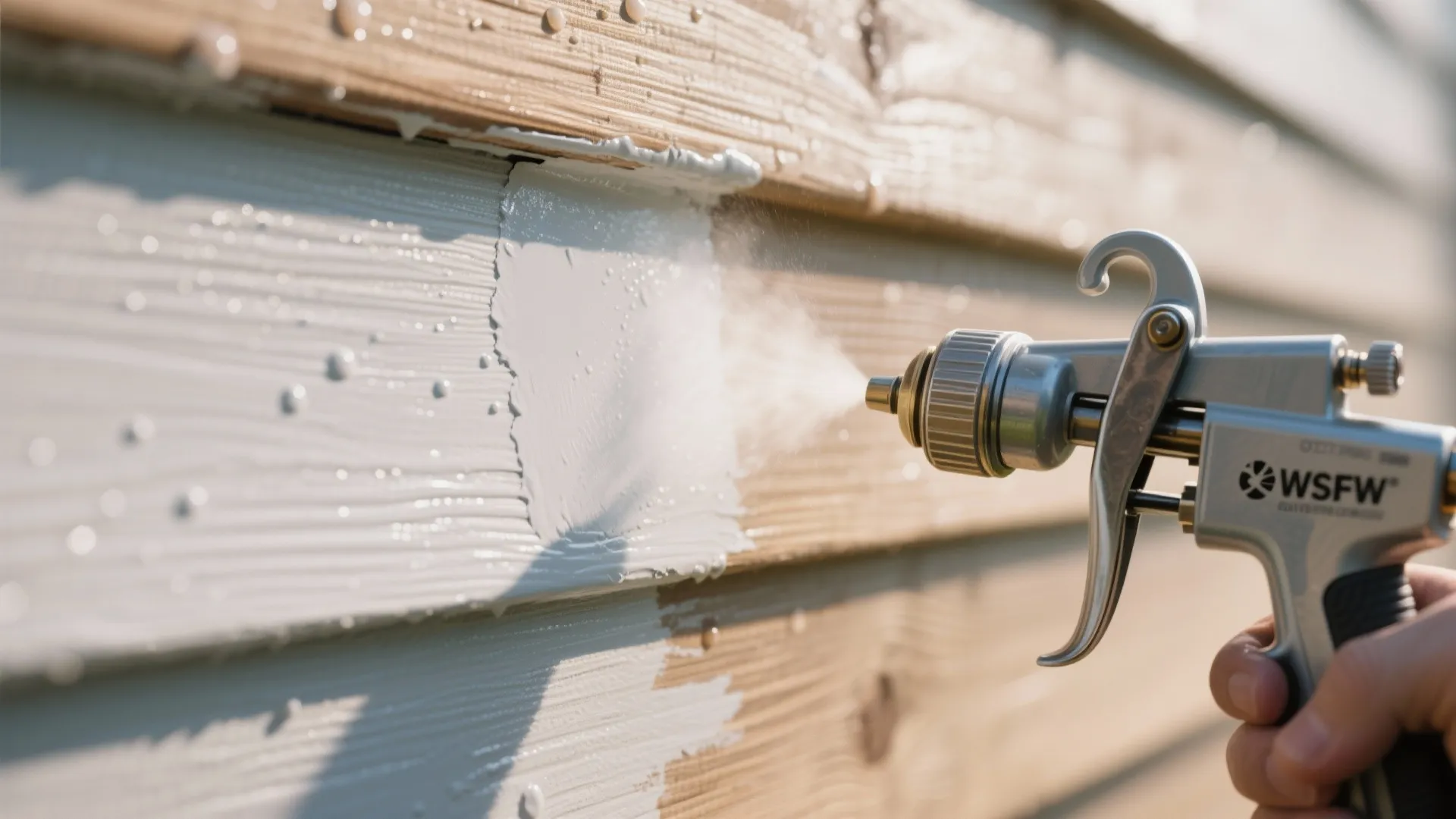 Macro shot of sprayer applying thin even coats of primer and paint to wood siding with smooth finish.