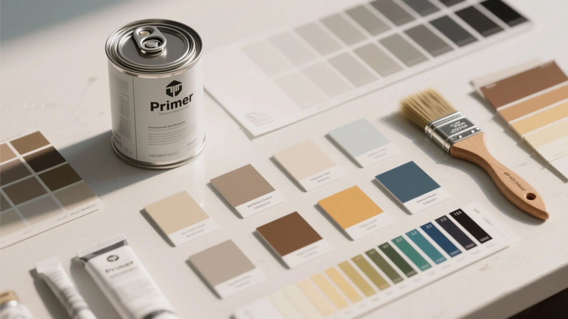 Metal paint can with color swatches and a wooden paint brush on a white table