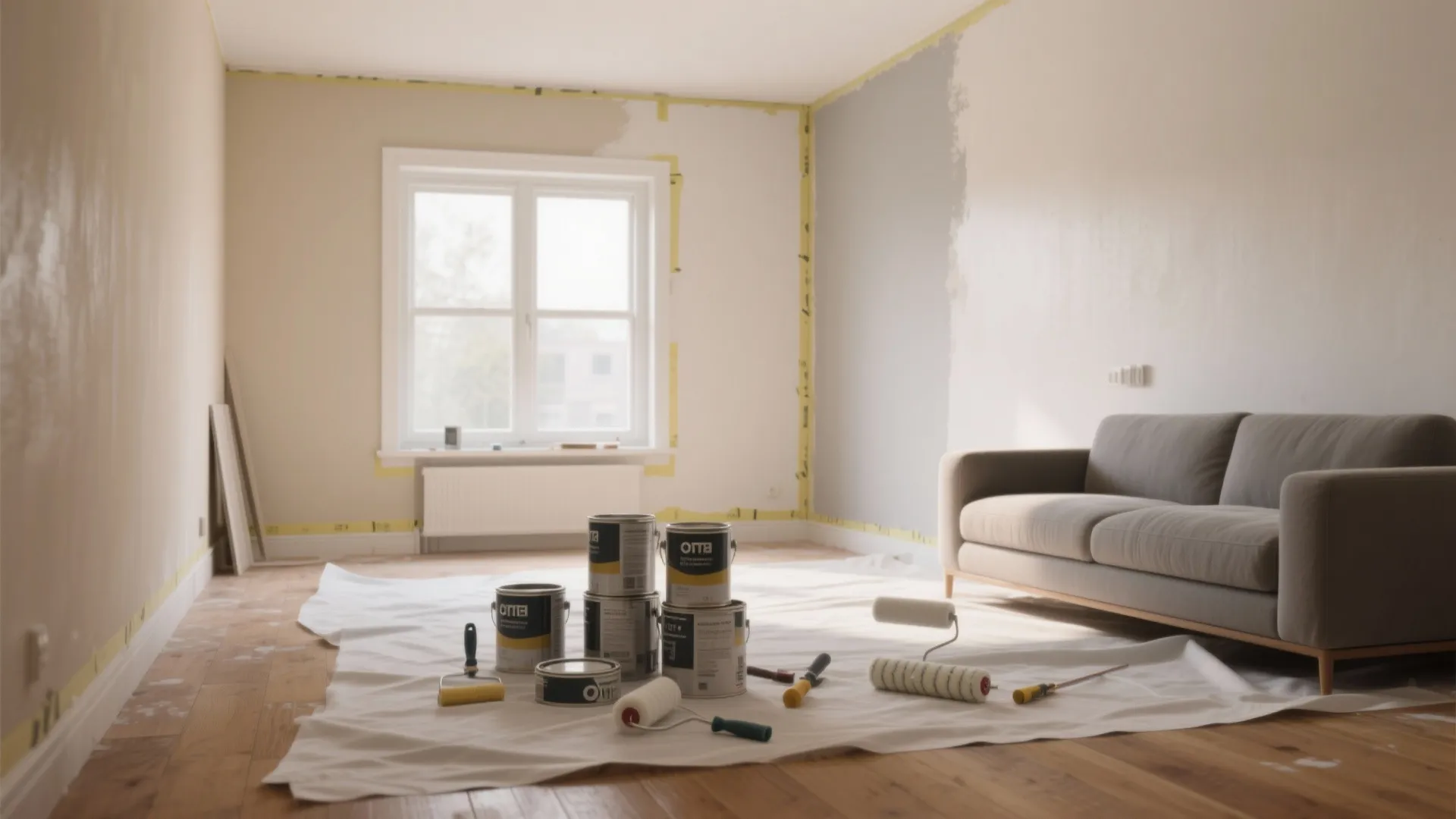 Living room renovation with paint cans, rollers, grey sofa, white window, and protected wood floor