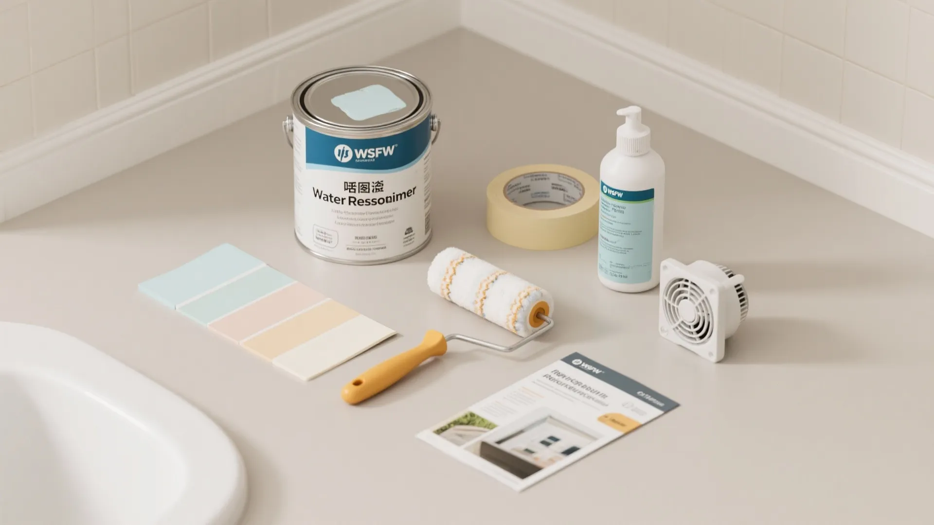 Collection of home painting tools including paint can roller tape and color samples on surface