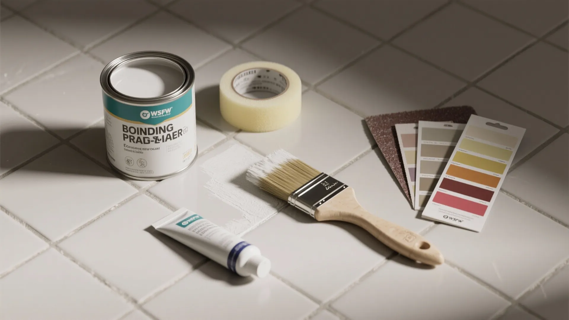 Flat lay of primer paint can, brush, tape, color cards, and tube on white bathroom tiles