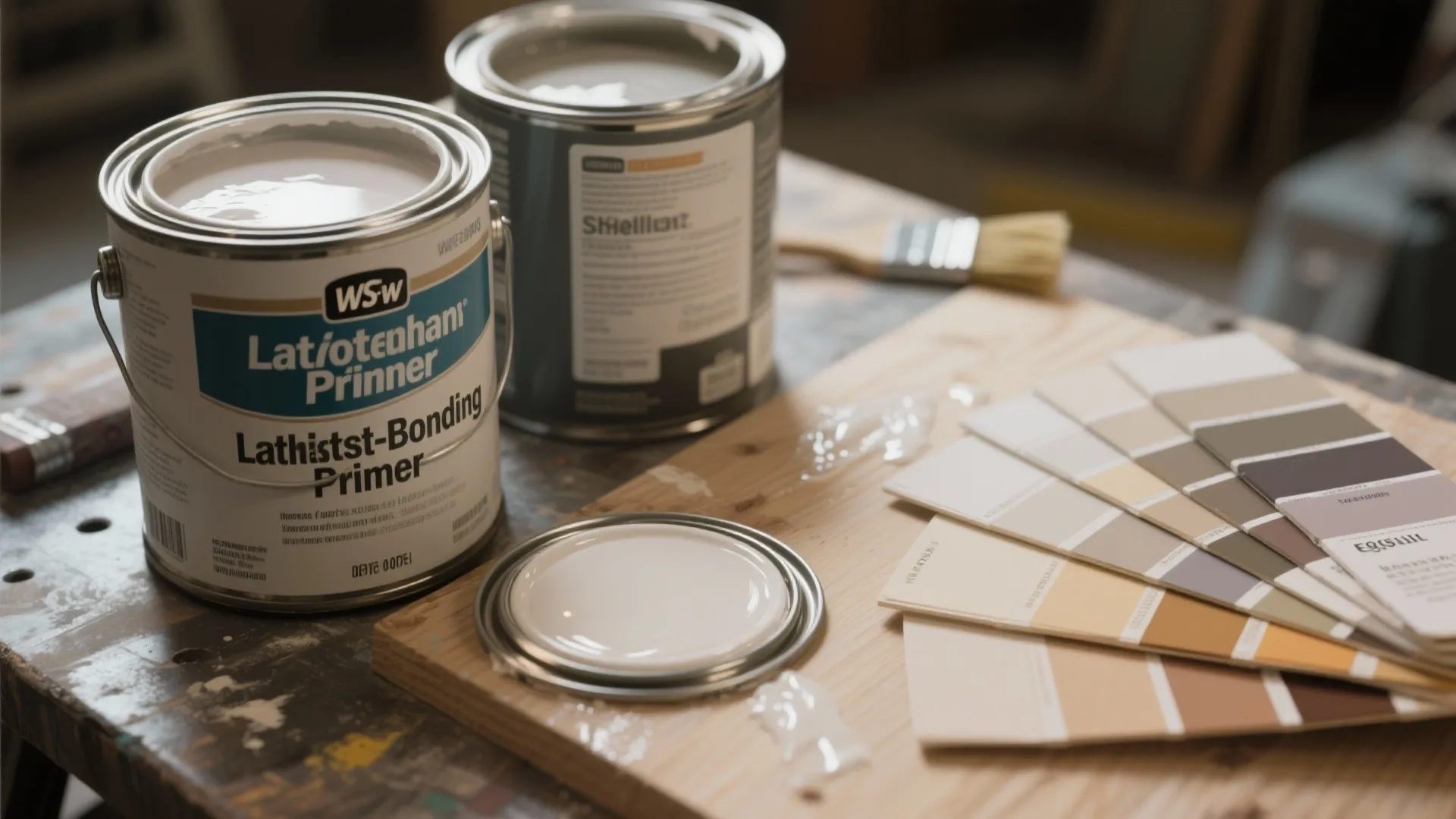 Two paint cans on a wooden table with many color cards and a small brush
