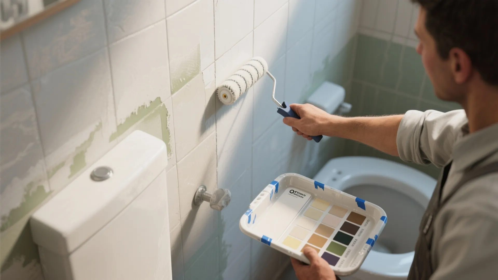 Man using a paint roller on bathroom wall tiles while holding a color sample tray