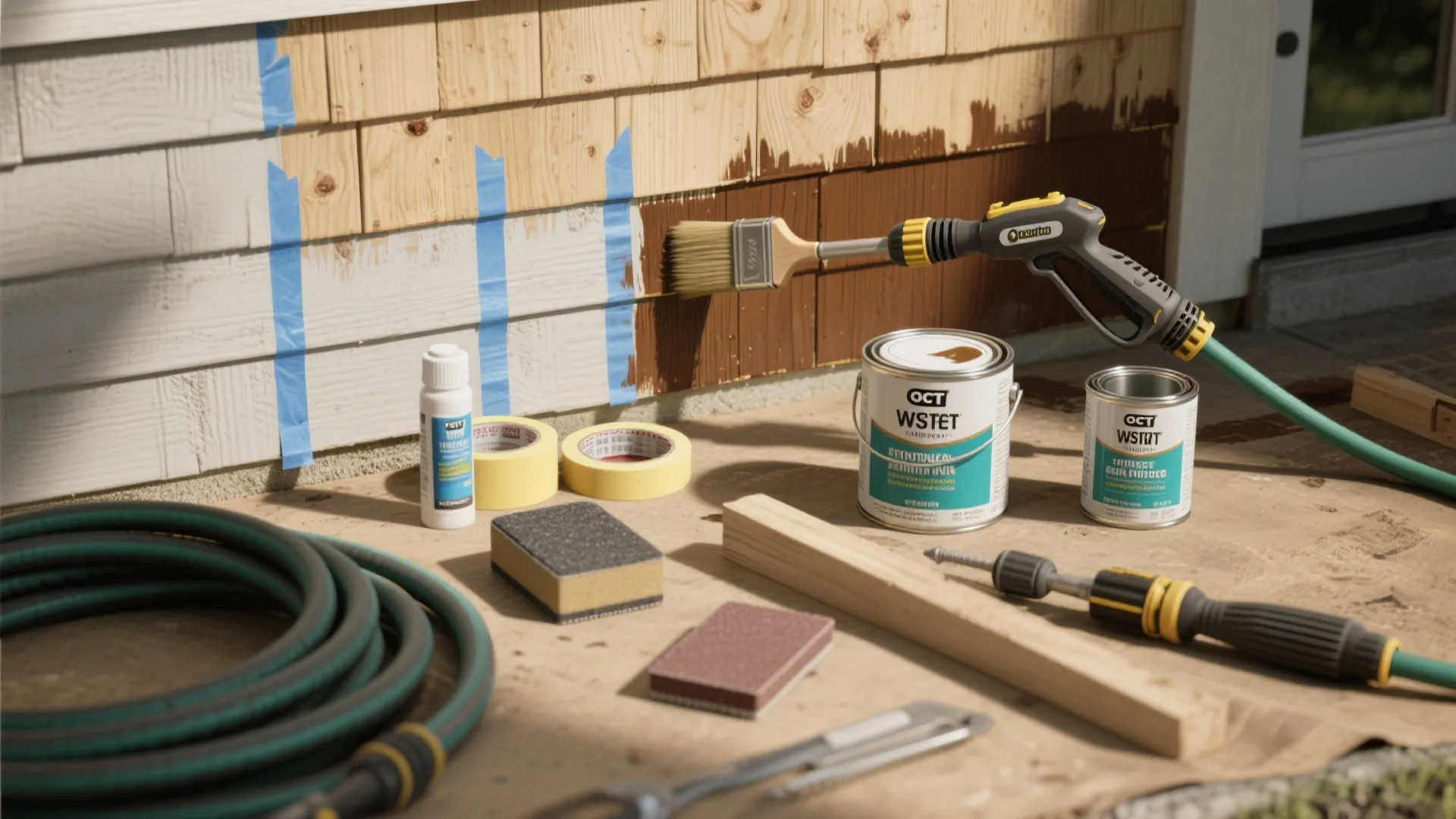 Exterior house wall preparation with paint cans blue tape brush tools and green garden hose