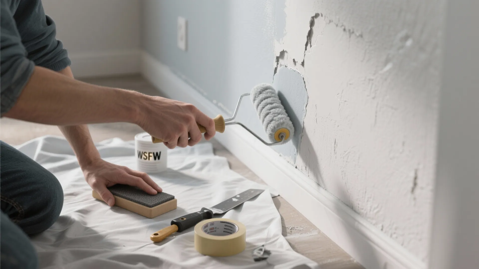Person using a paint roller to apply primer on a blue wall with various repair tools