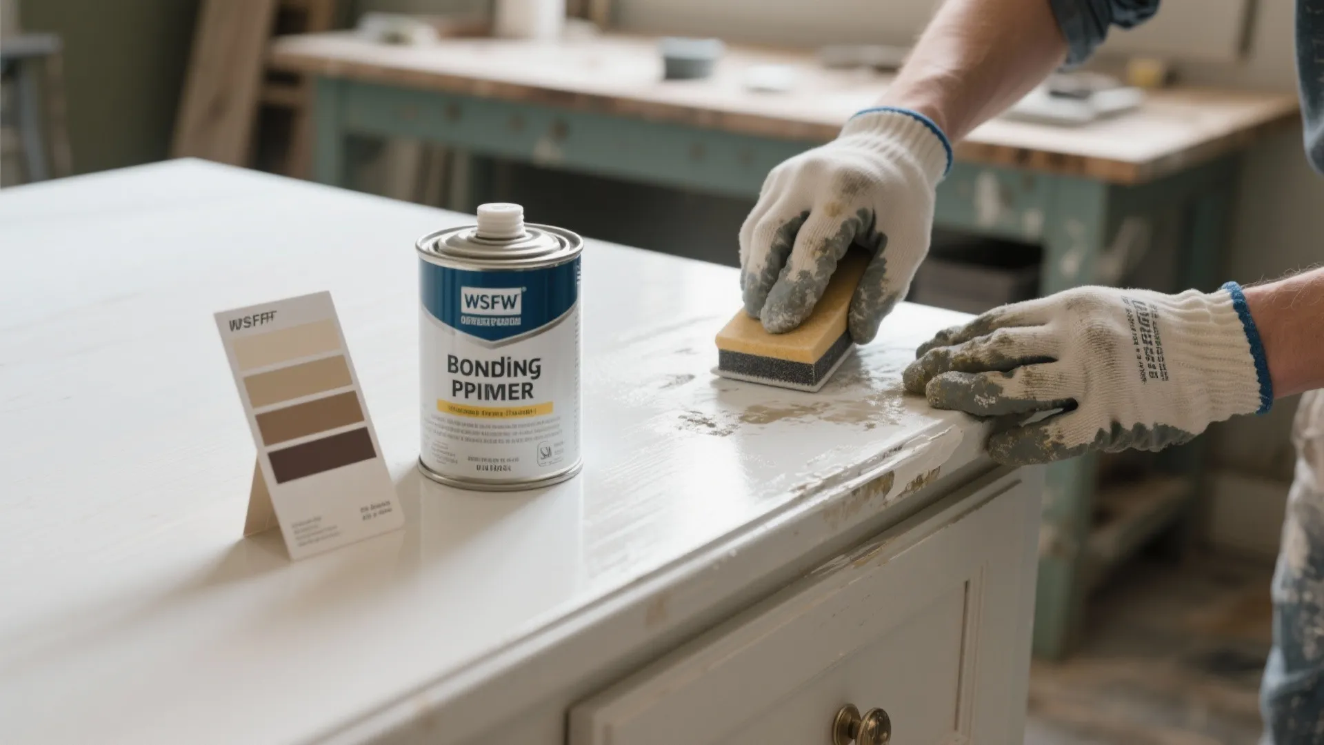 Close-up of cleaning and sanding a cabinet surface before primer application