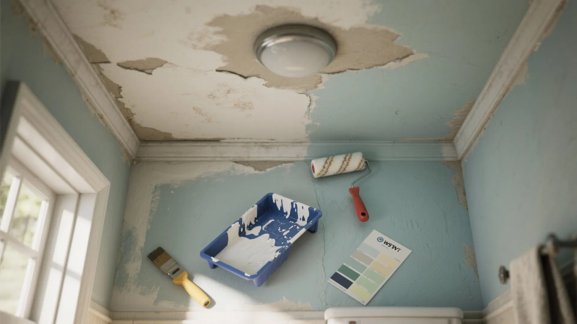 Painting blue bathroom wall white with roller brush tray and color palette on the wall