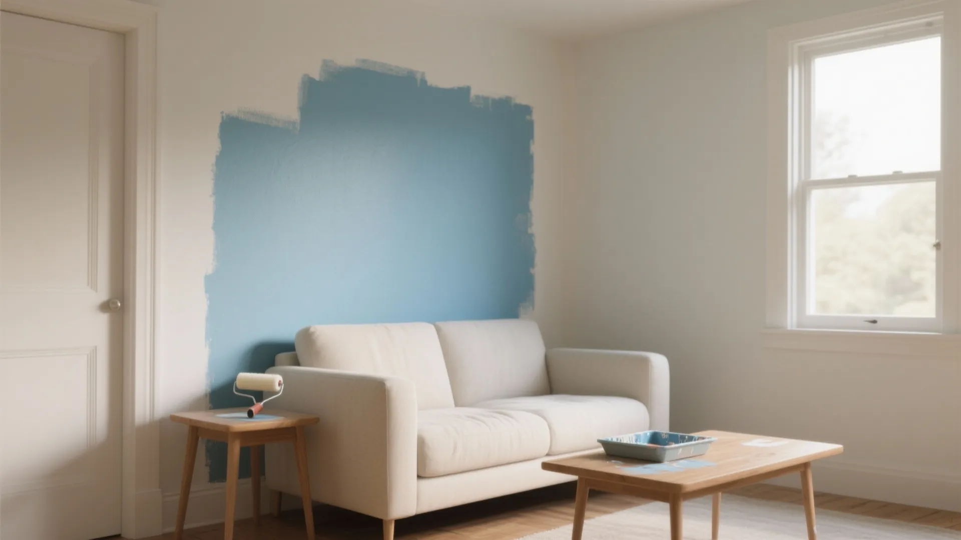 Living room with white sofa and wooden table showing a blue paint patch on wall