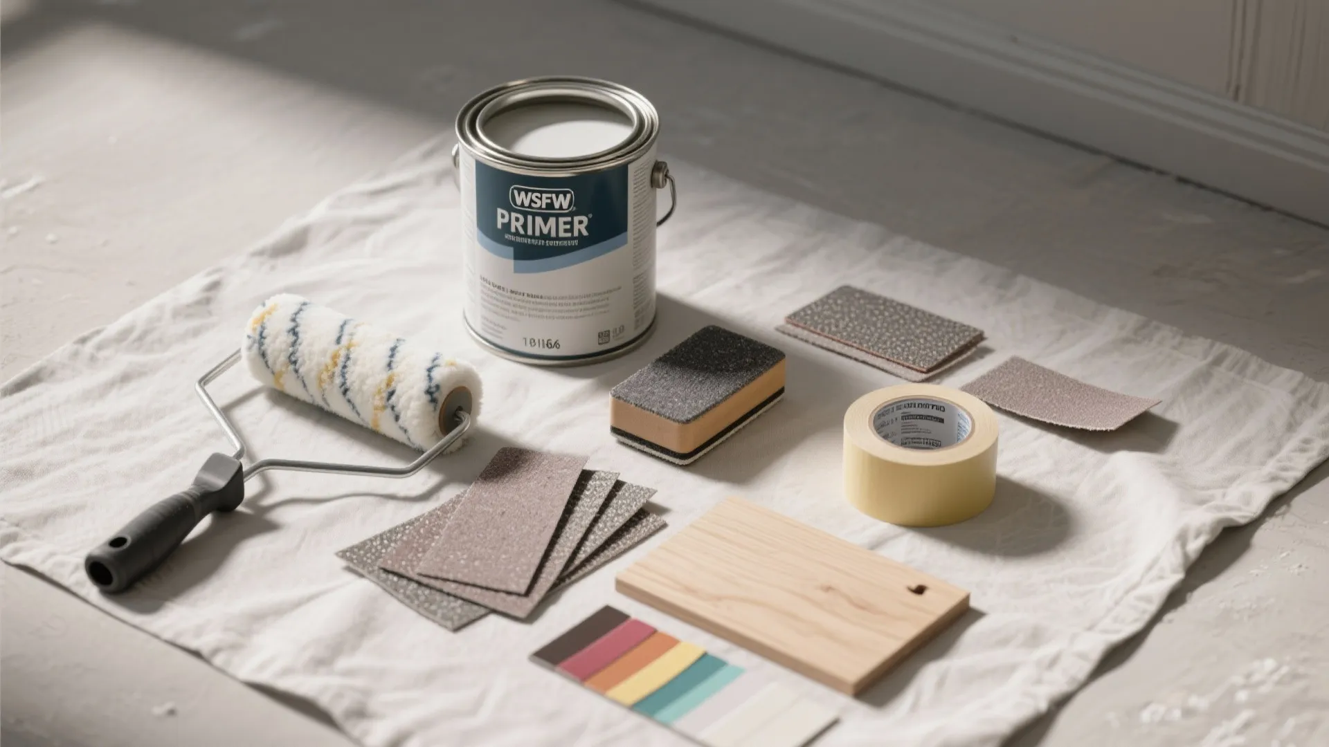 Top-down flatlay of primer can, sanding block, sandpaper, and paint sample chips on a drop cloth.