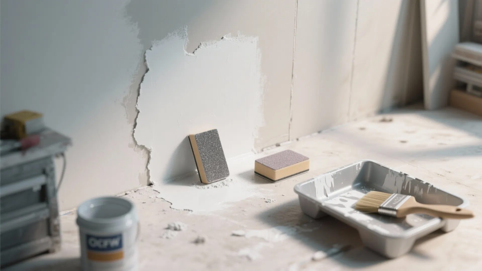 Top-down view of a primed drywall patch with a sanding block and fine dust, showing mid-process repair steps.