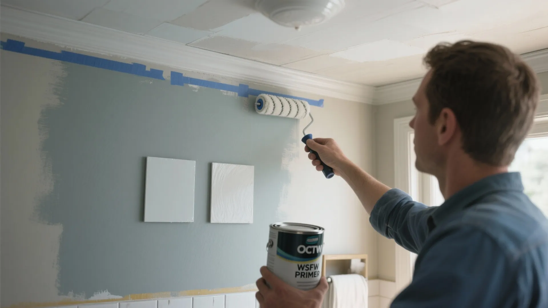 Man using paint roller to apply primer on bathroom wall with blue tape and paint can